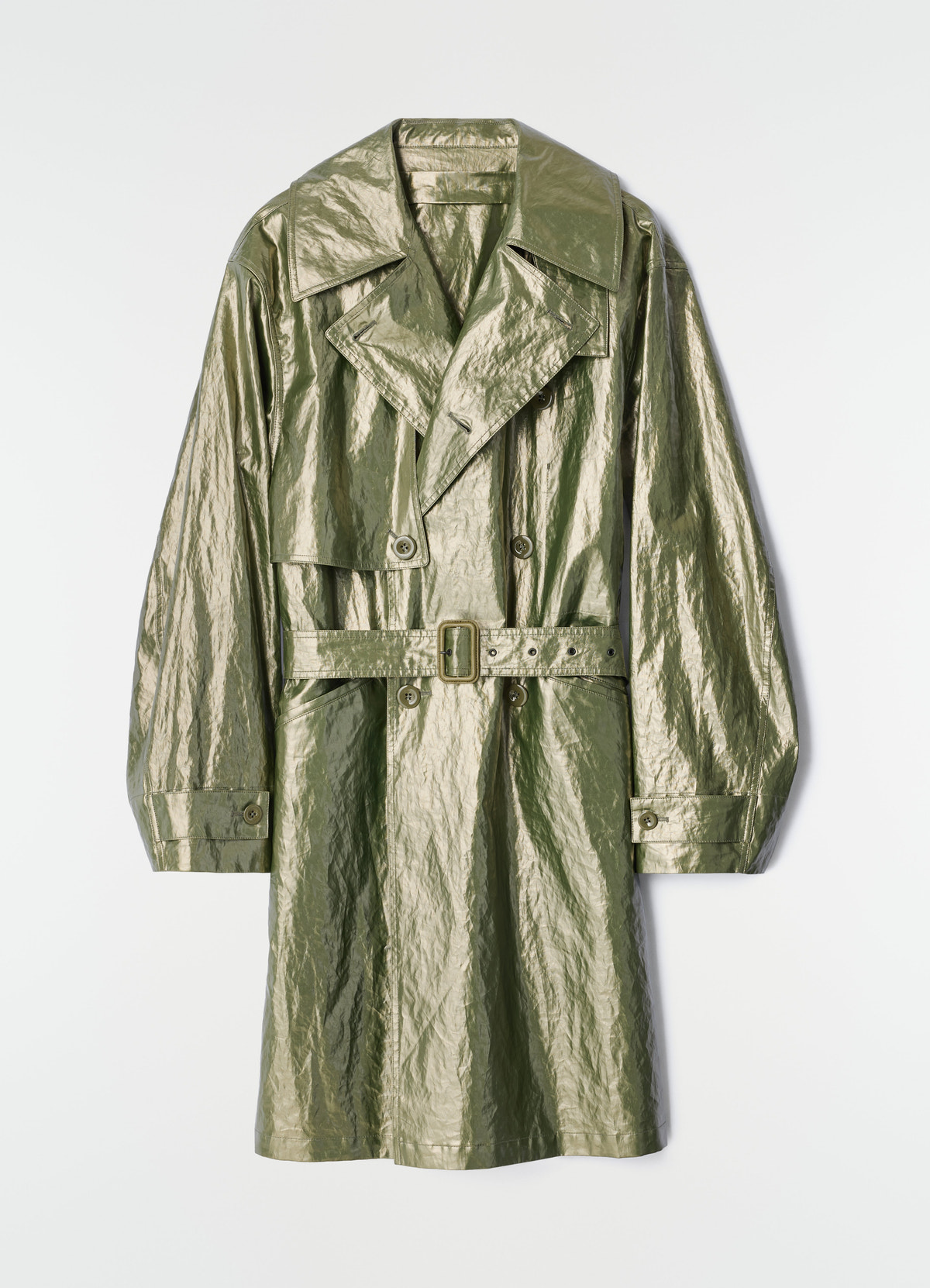 Trench coat in olive shiny coated linen with belt and wide collar lemaire flat lay on white background