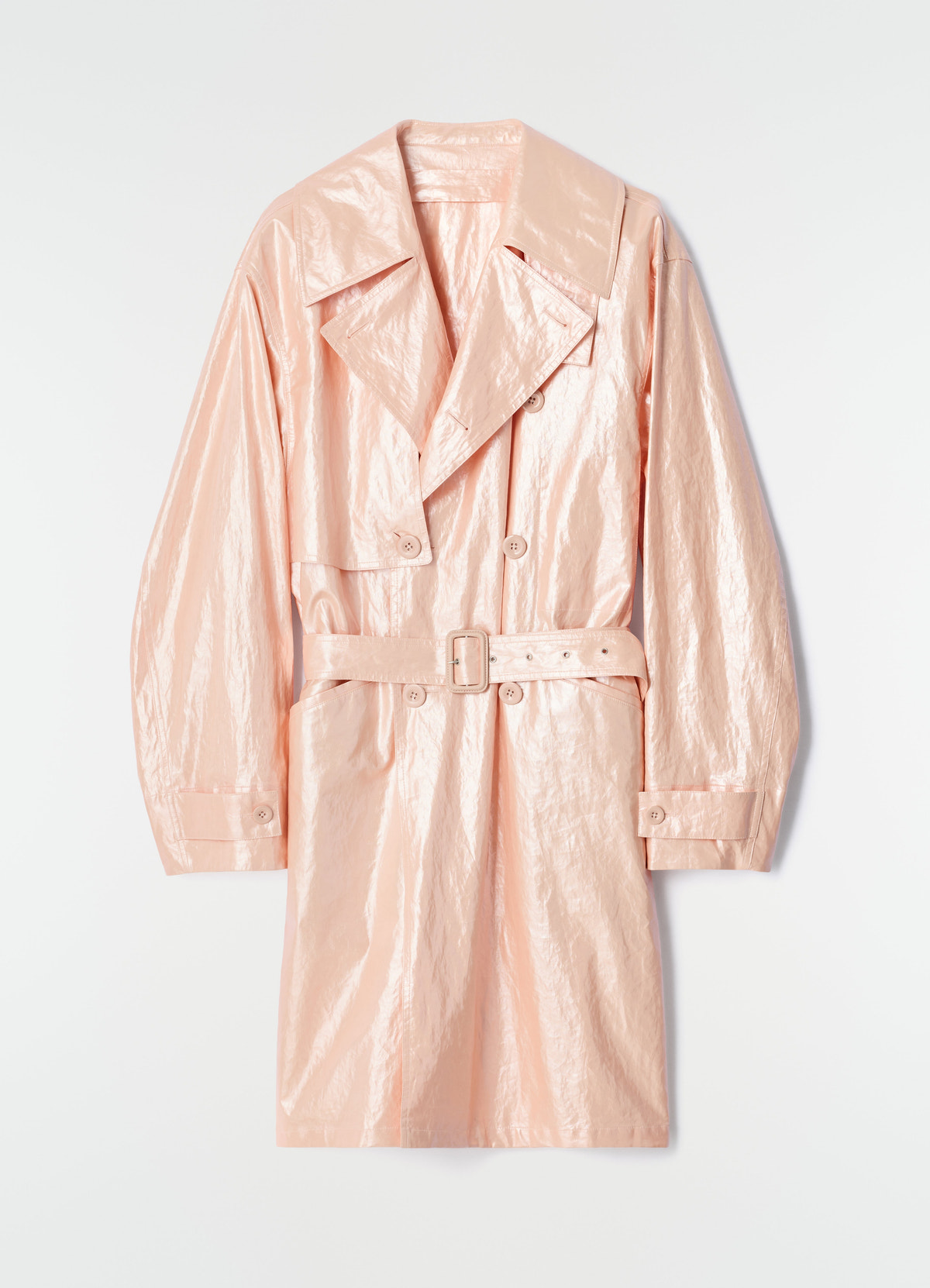 Trench en lin enduit brillant déperlant, coloris rose, présenté à plat sur fond blanc
