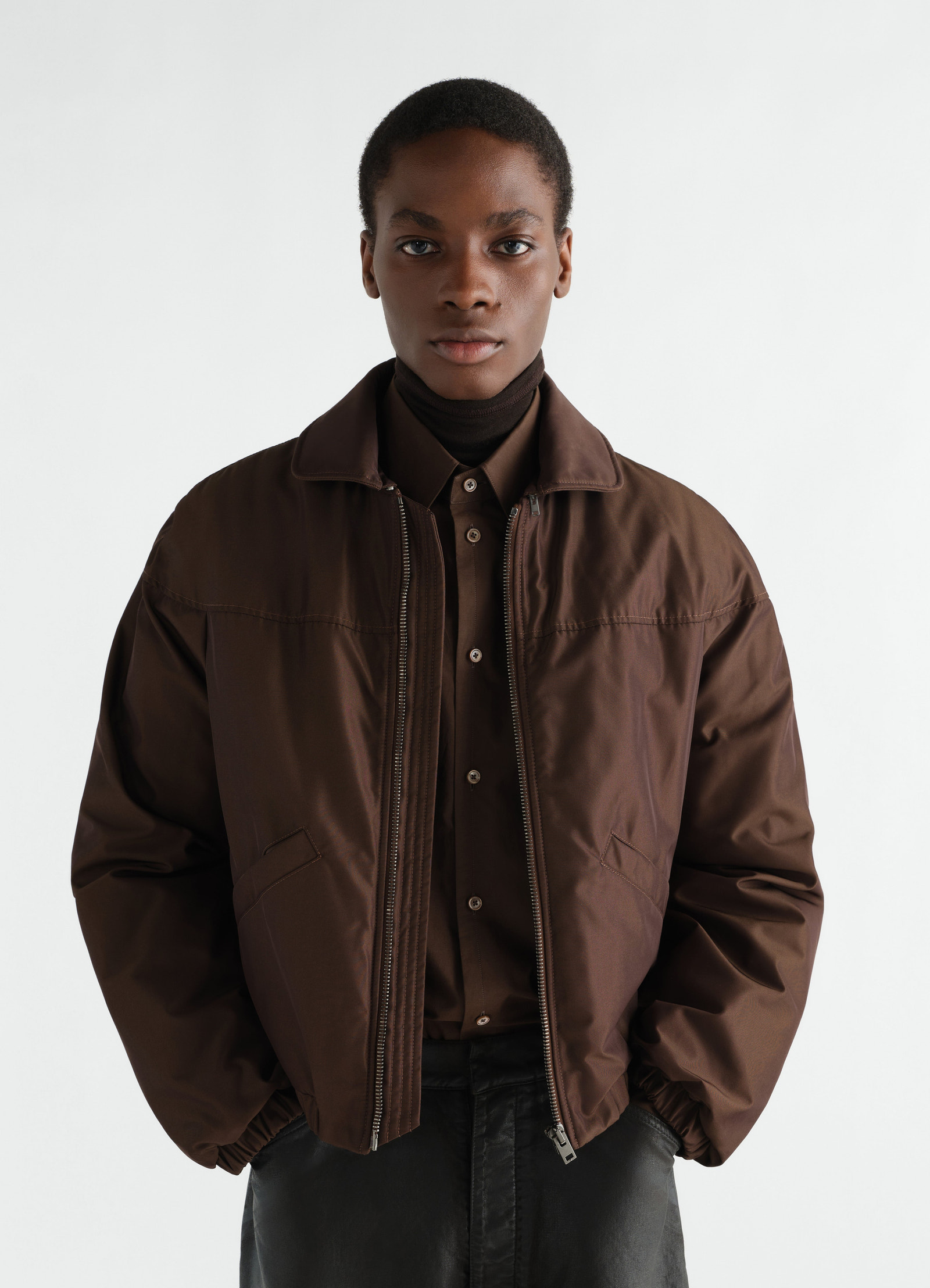 Quilted water-repellent canvas blouson brown worn by model front view lemaire