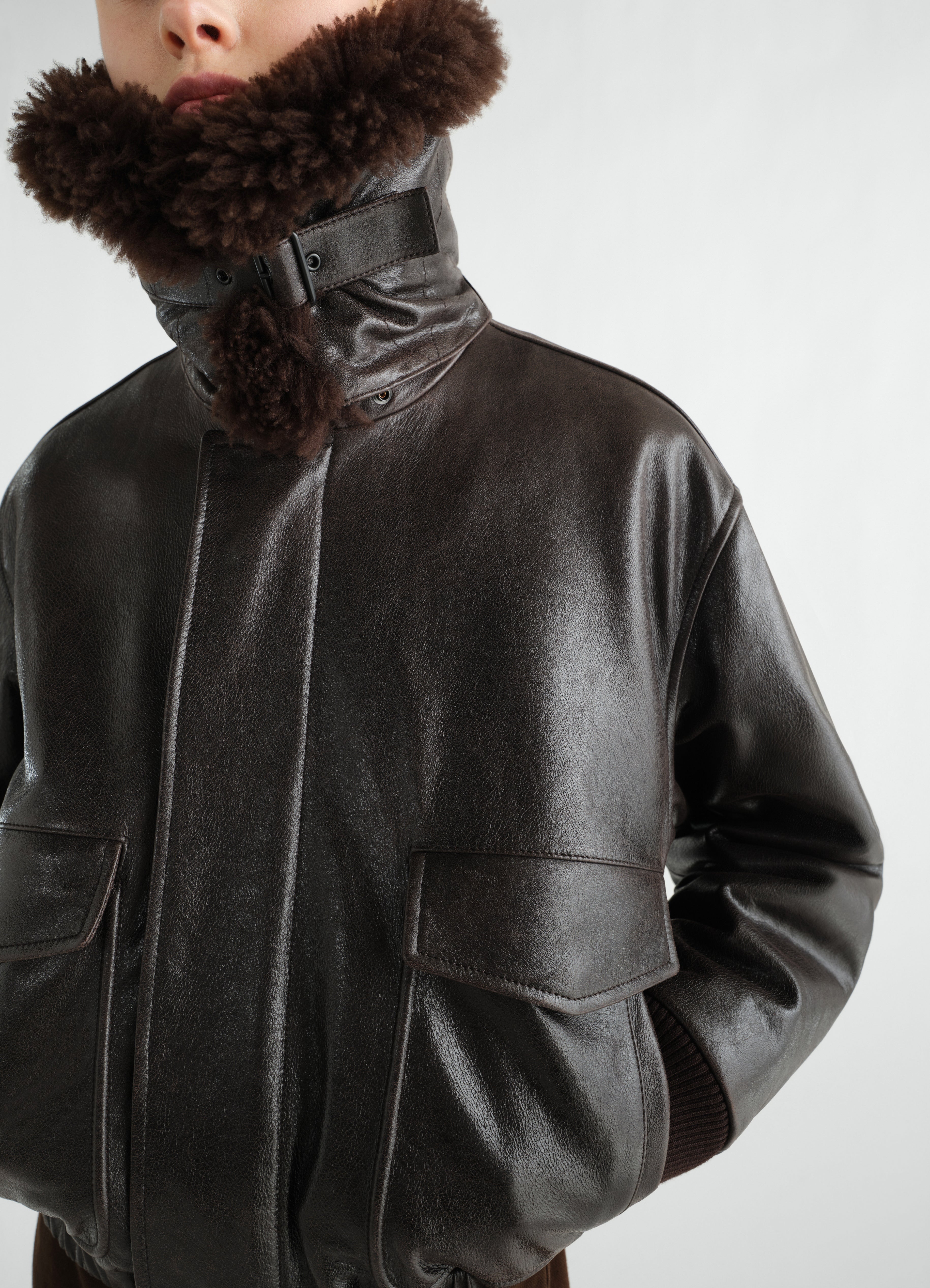 AVIATOR BLOUSON IN SHINY LEATHER - Ebony - Shiny cow leather