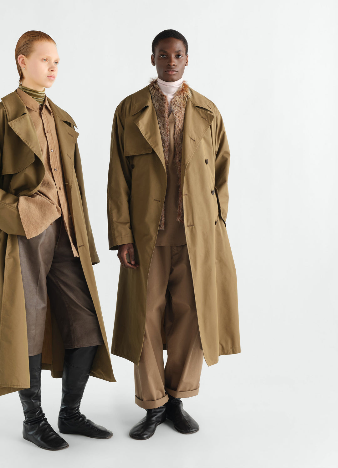 Light brown trench coat in water-repellent cotton gabardine worn by model front view LEMAIRE styled look