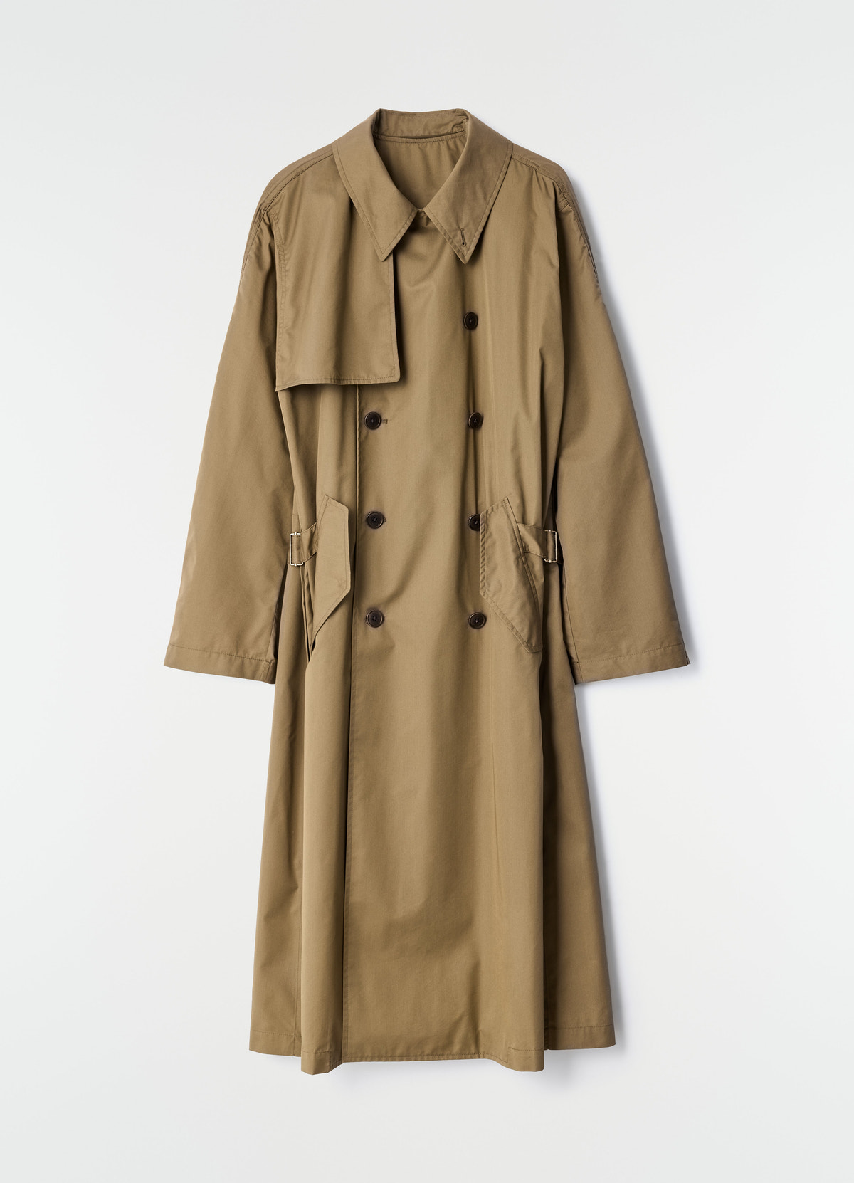 Light trench coat in water-repellent cotton gabardine beige with double-breasted buttons flat lay lemaire