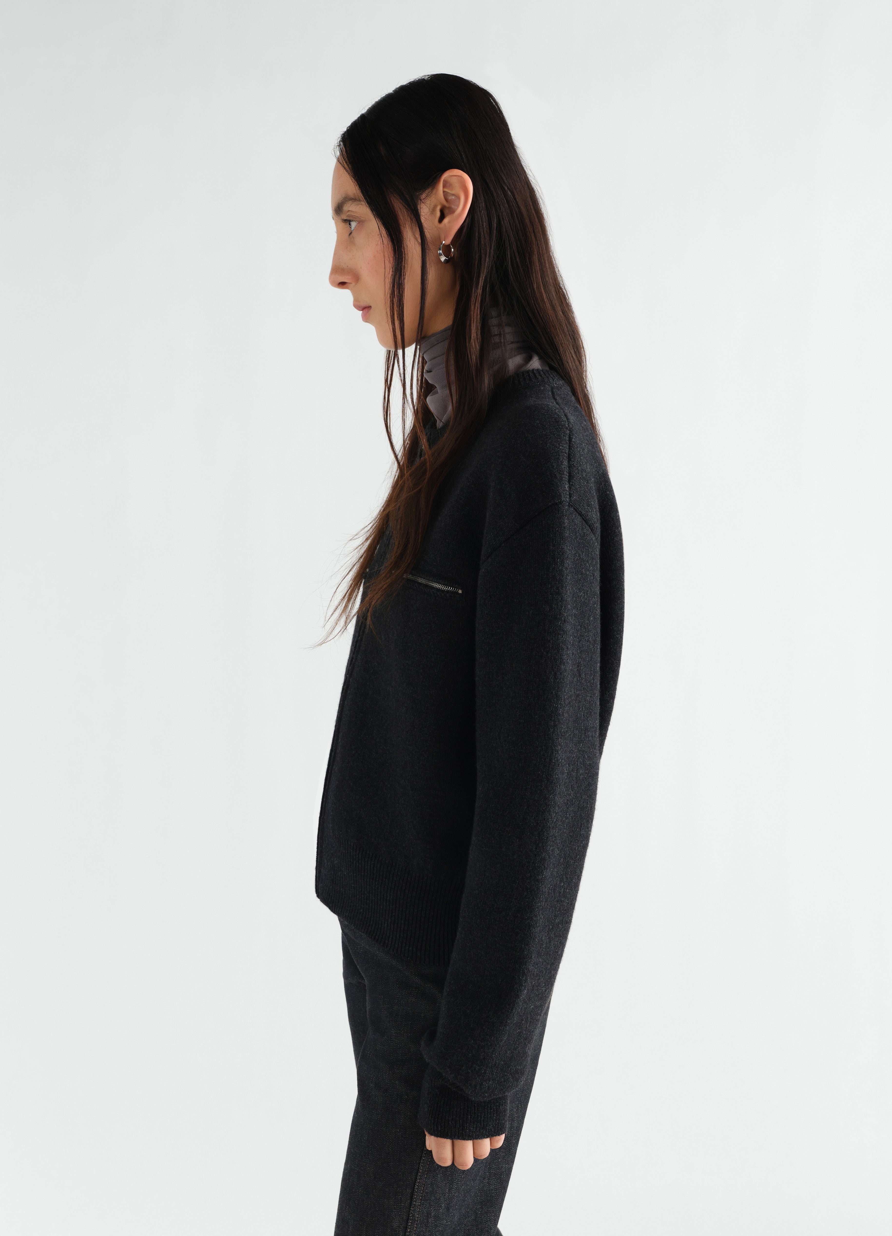 ZIPPED TOP IN ALPACA WOOL BLEND - Coal - Alpaca wool blend - Women