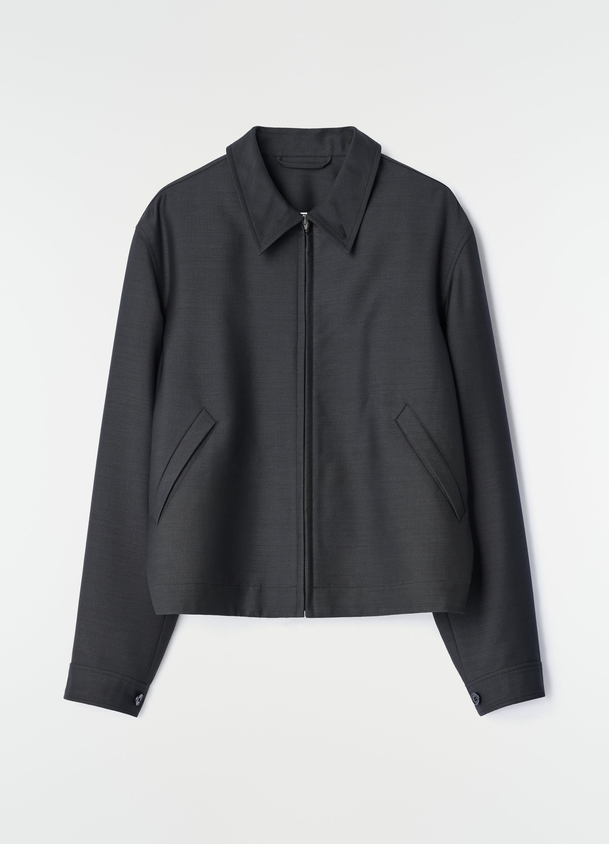Zipped black wool-viscose blouson jacket by lemaire flat lay on white background with collar and pockets