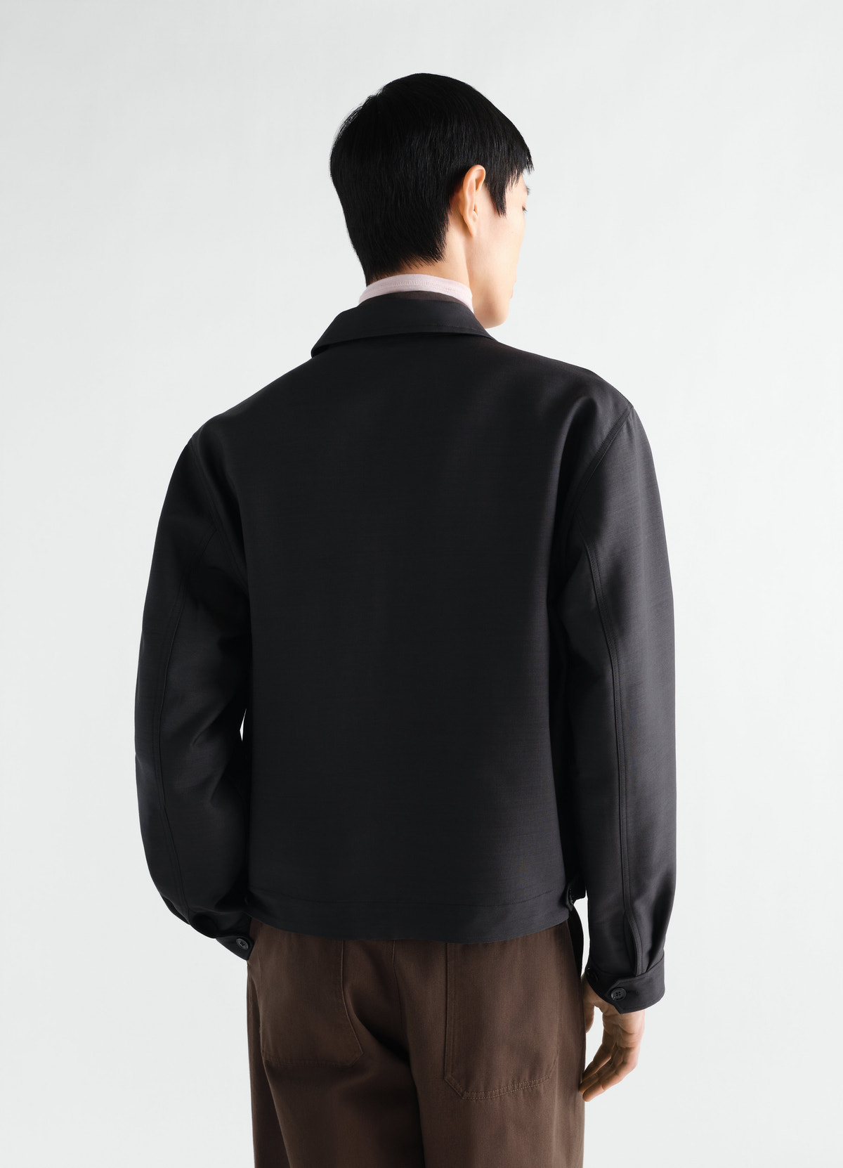 Zipped blouson black double-face wool viscose back view worn by model lemaire