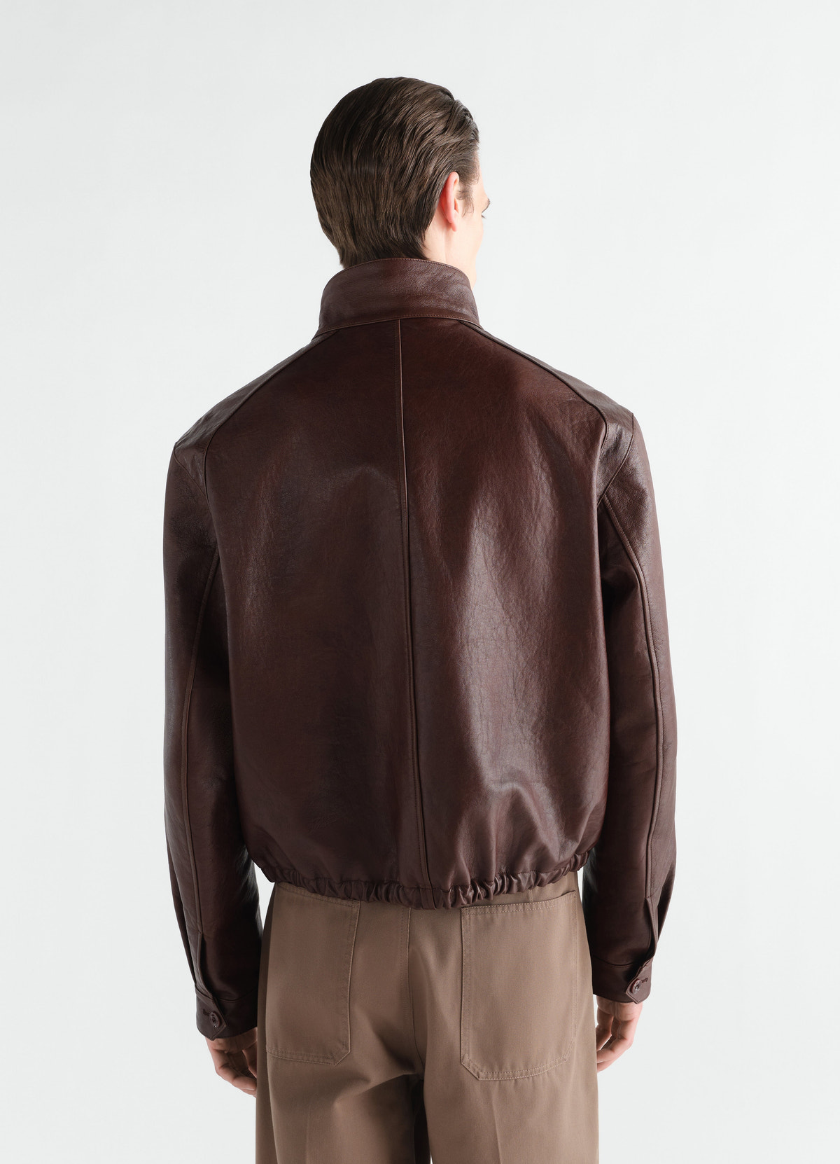 Harrington-blouson aus glänzendem rindsleder, in dunkelbraun, von einem model getragen, rückansicht