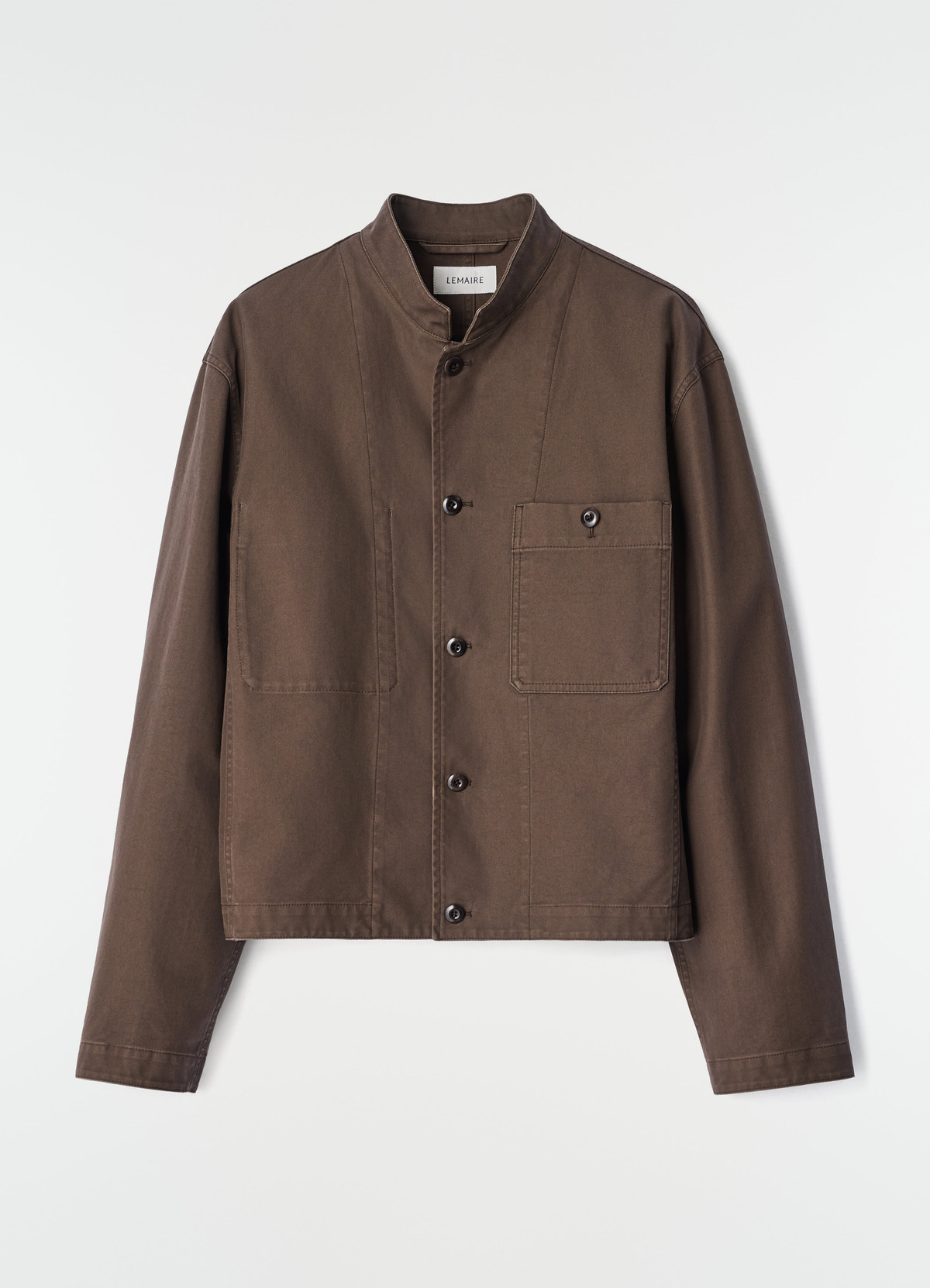 Stand-collar brown heavy cotton twill jacket by lemaire front view on plain white background