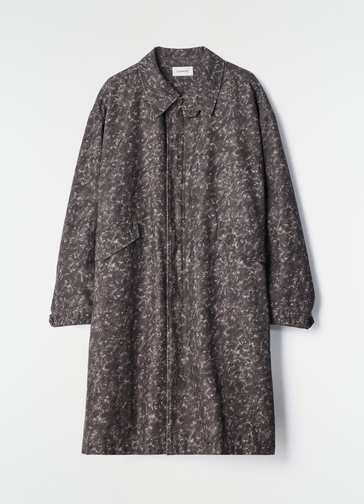 Military parka in storm printed dark grey cotton by lemaire front view on plain white background