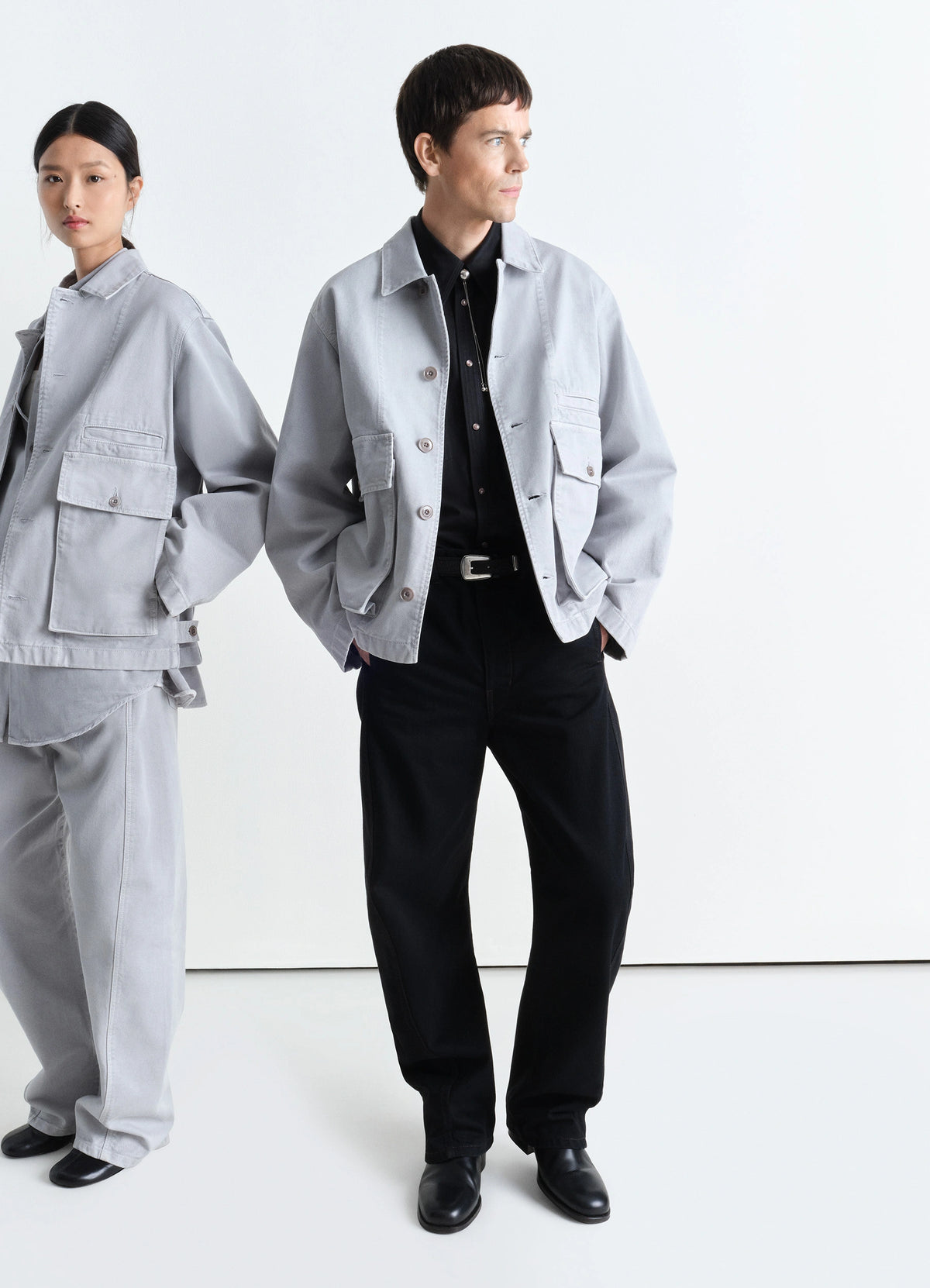 Lemaire Boxy Jacket in Garment Dyed Snow Heavy Denim, model shot, front view boxy slightly cropped