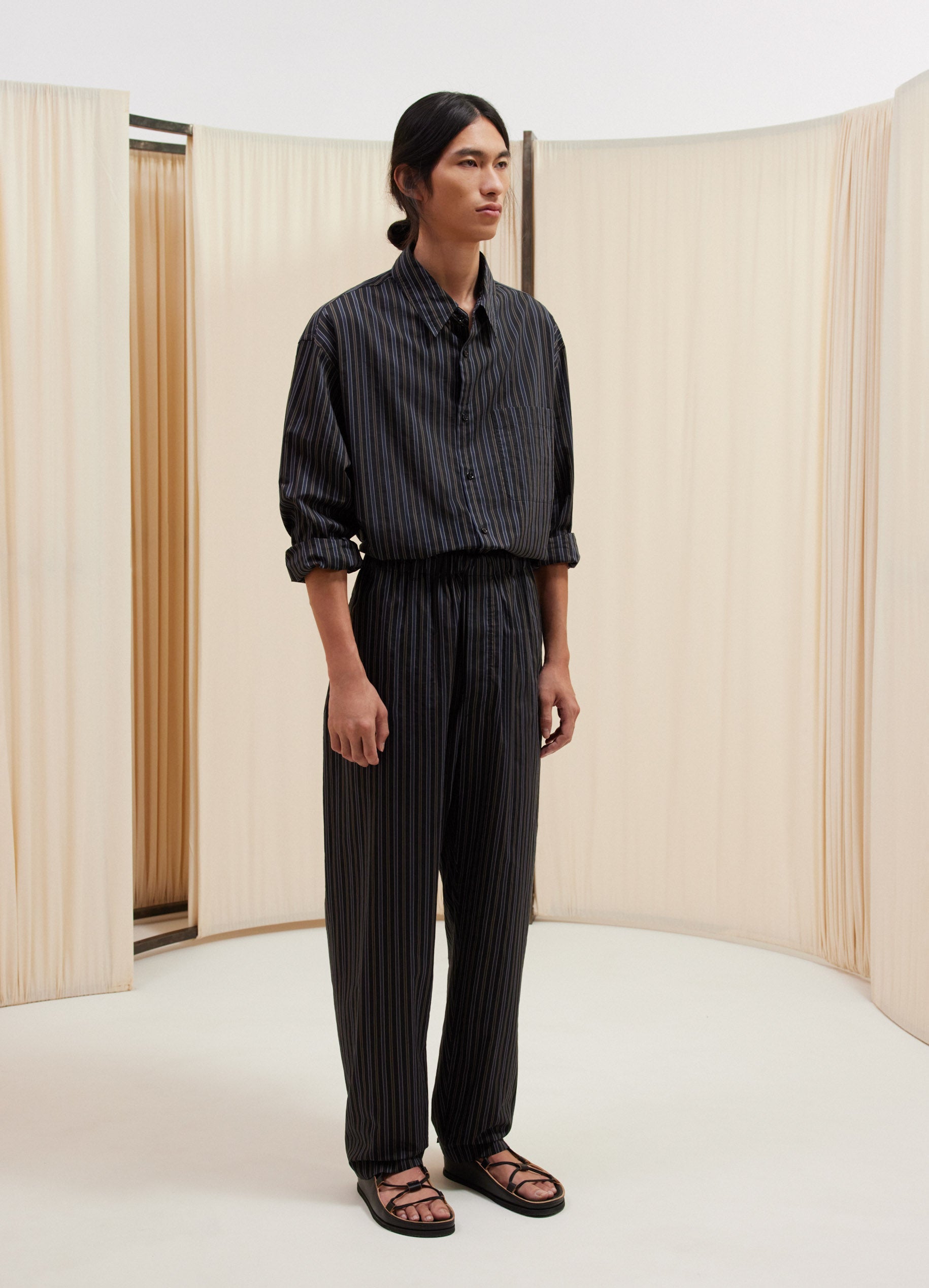 レギュラーシャツ - Dark Brown/Marine - Striped Cotton Silk