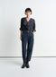 Lemaire Twisted Pants in Deep Indigo Heavy Denim, model shot, Front view Straight cut, workwear details