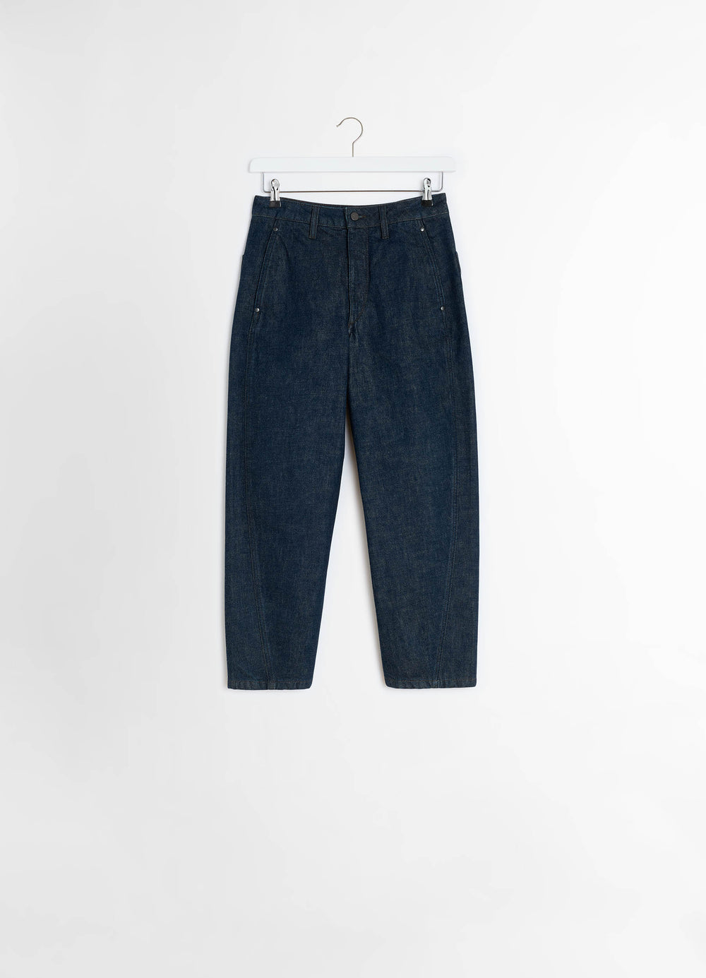Lemaire Twisted Pants in Deep Indigo Heavy Denim, product shot, hanging view tapered leg, four pockets