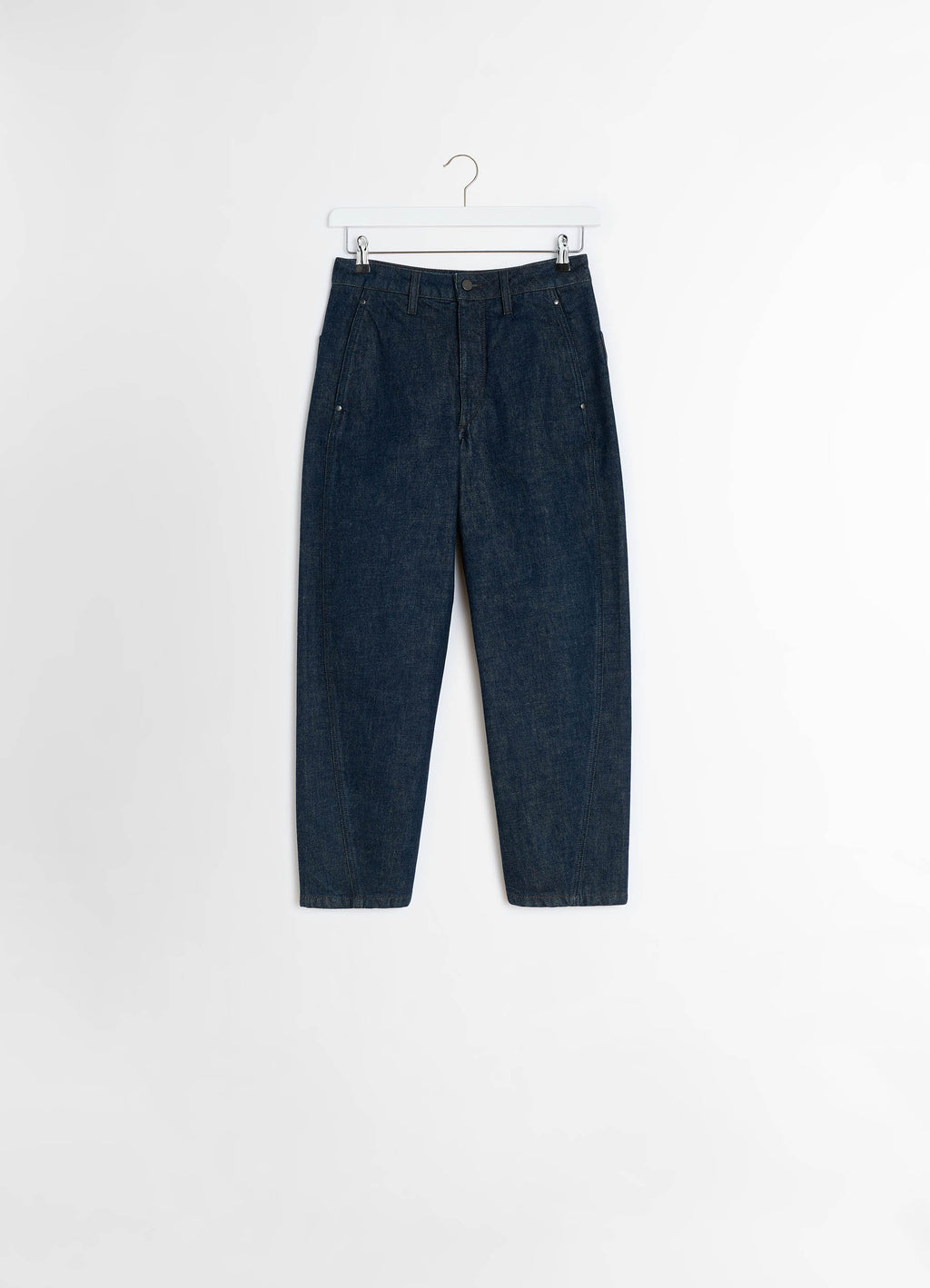 Lemaire Twisted Pants in Deep Indigo Heavy Denim, product shot, hanging view tapered leg, four pockets