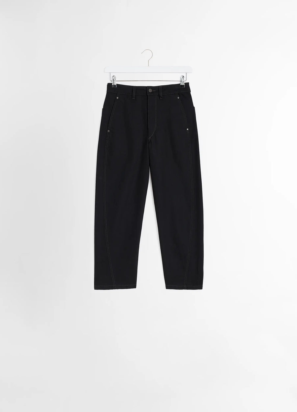 Lemaire Twisted Pants in Deep Black Heavy Denim, product shot, hanging view subtle pleats, visible seams