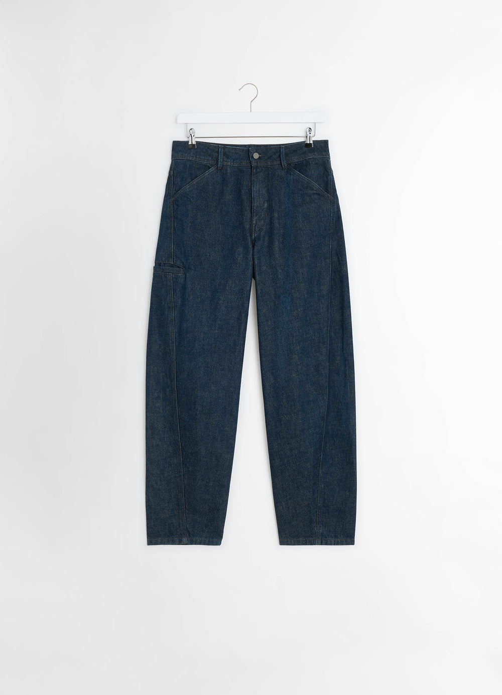 Twisted Workwear Pants in Deep Indigo Heavy Denim, product shot, hanging shot asymmetric pocket detail