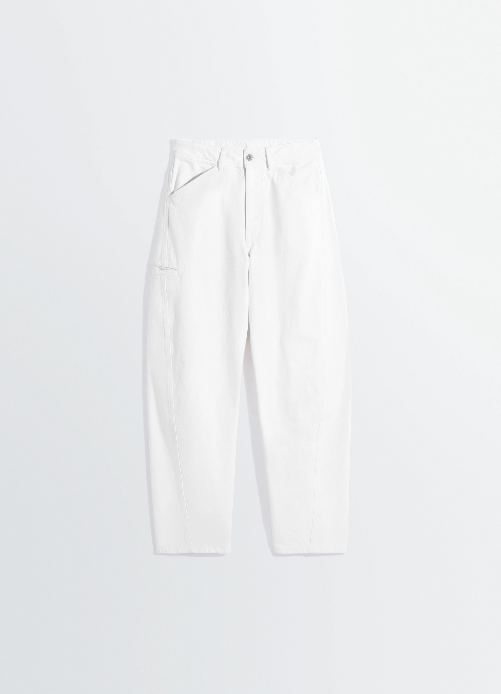 Twisted workwear pants in denim, product shot, hanging view cropped leg silhouette