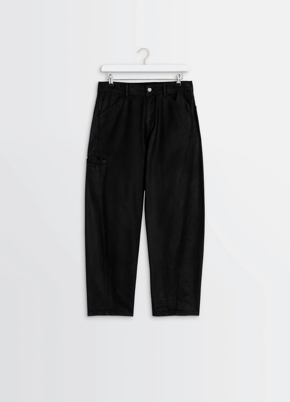 Lemaire Twisted Workwear Pants in Deep Black Thick Denim, product shot, angled overhead view hanging display, relaxed fit