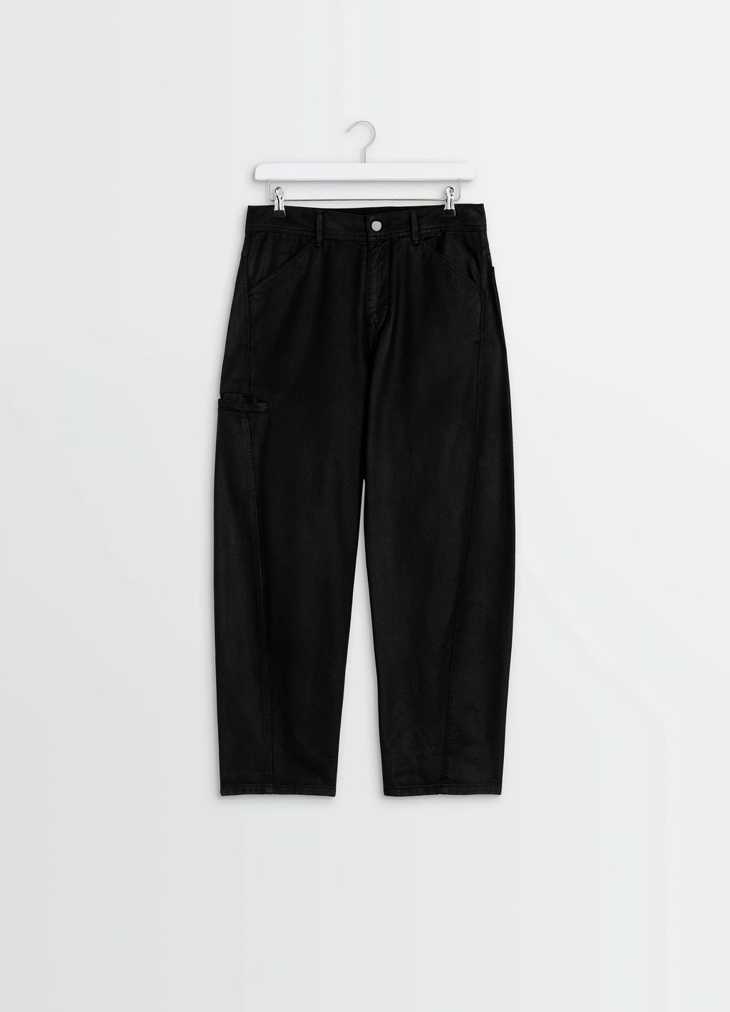 Lemaire Twisted Workwear Pants in Deep Black Thick Denim, product shot, angled overhead view hanging display, relaxed fit