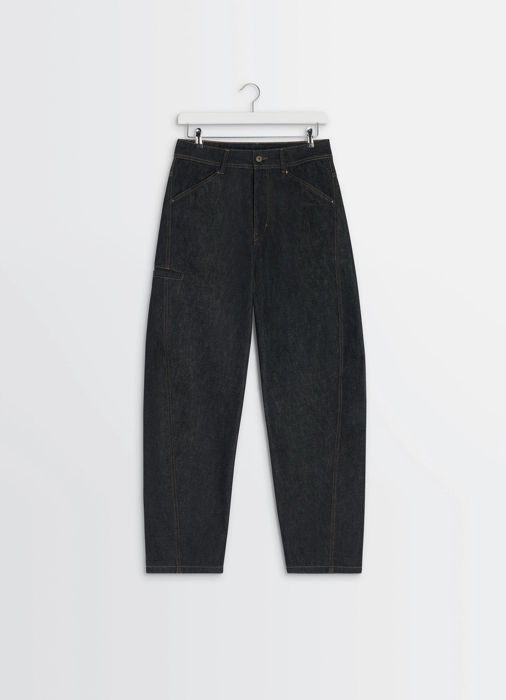 Lemaire Twisted Workwear Pants in Slate Denim, product shot, top-down view angled pocket detail