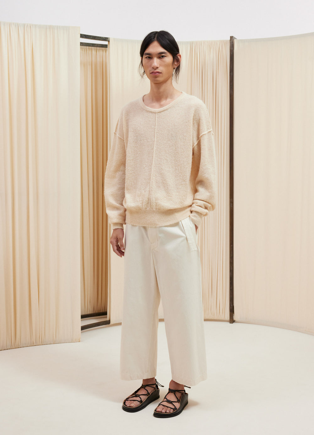 Lemaire Seamless Belted Pants in Cotton Bachette, model shot, Front view Wide leg