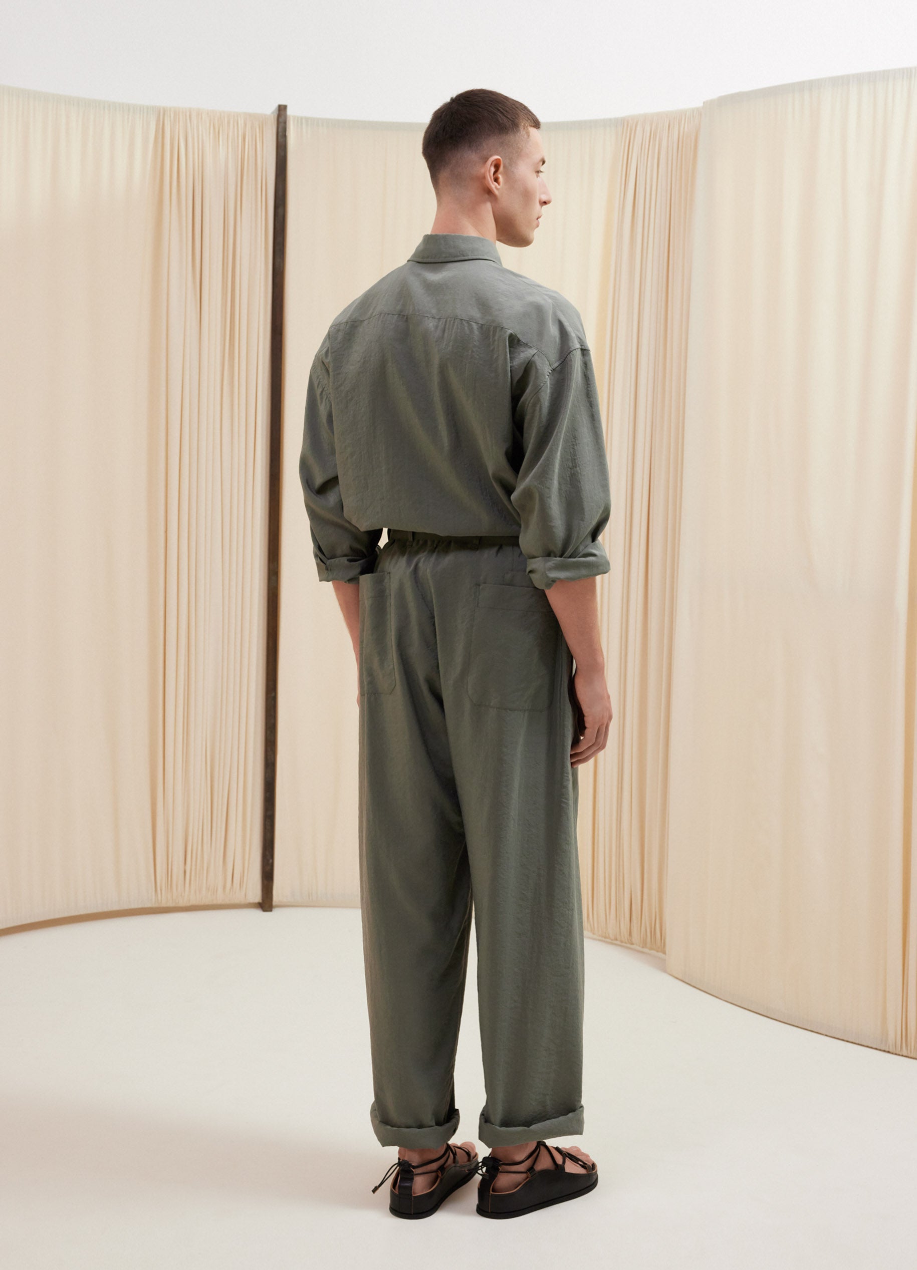Ash Grey Seamless Belted Pants in Dry Silk