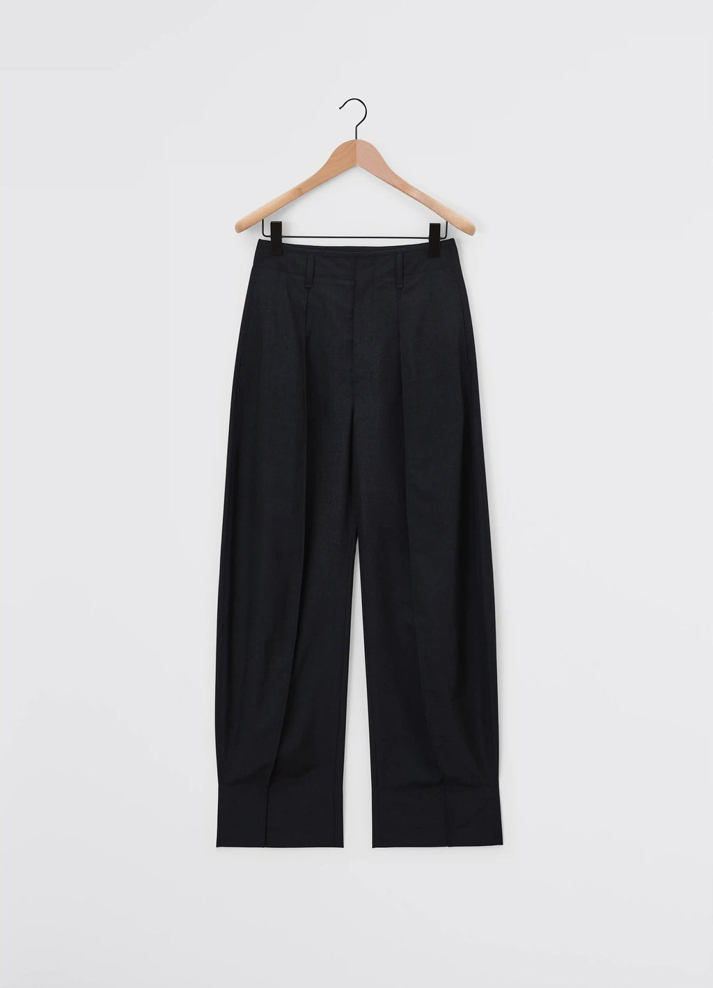 Lemaire Curved Volume Tailored Pant in Mélange Poly-Wool Twill, product shot, side angle pleated wide leg