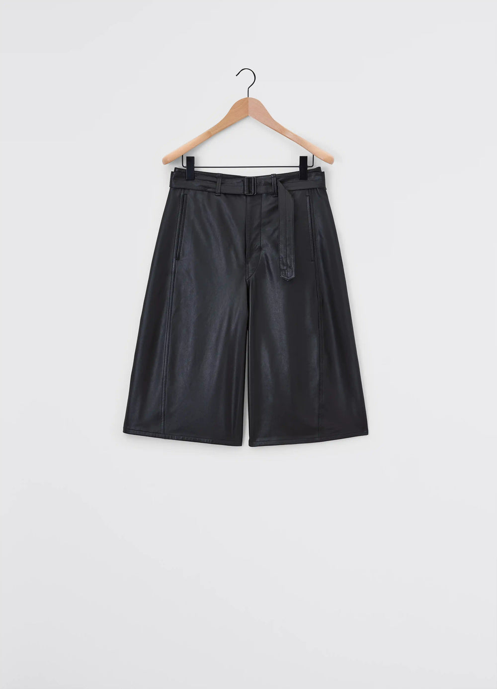 Lemaire Leather Bermuda Shorts in Nappa Cow Leather, product shot, side hanging view knee-length with belt