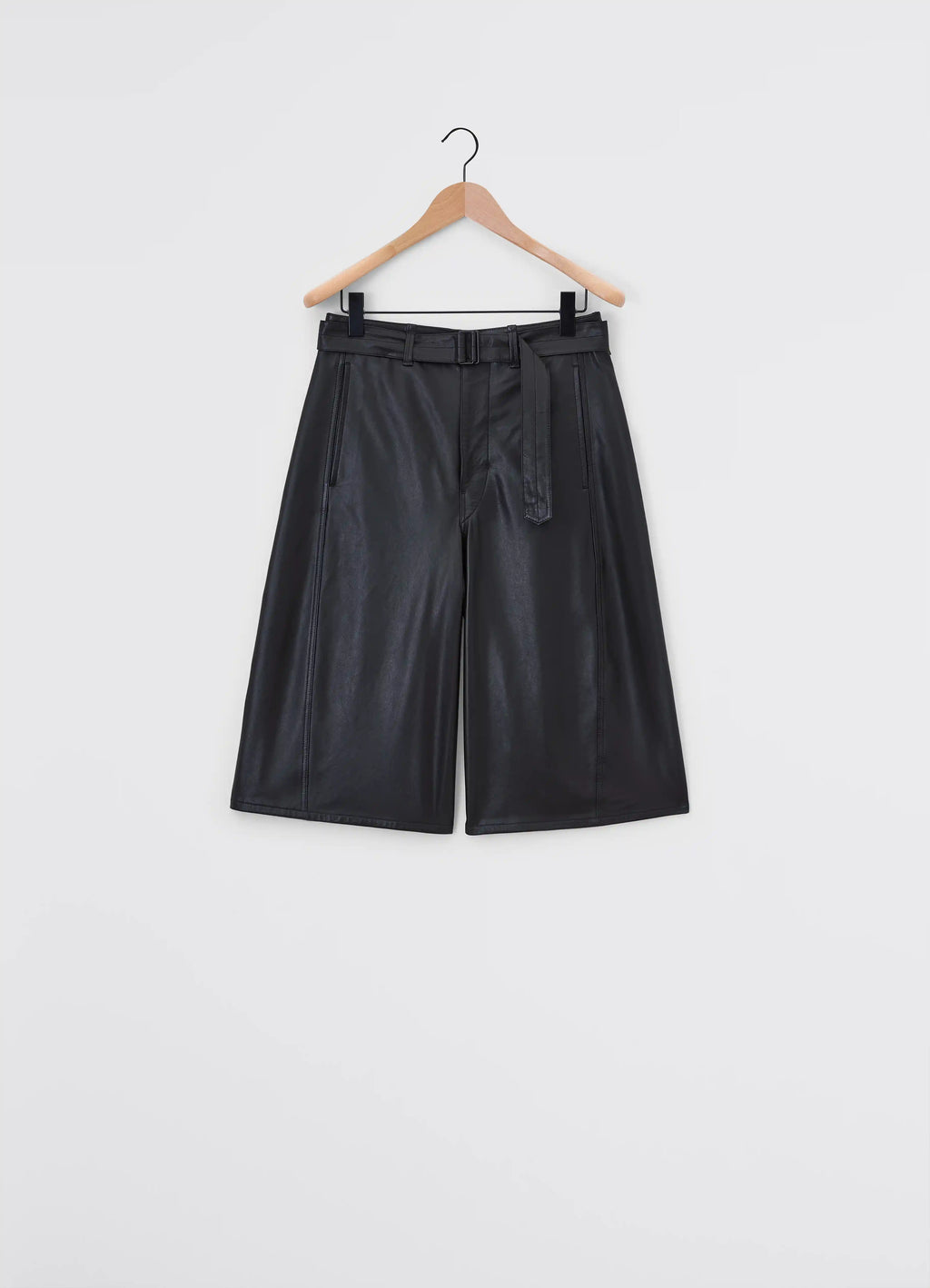 Lemaire Leather Bermuda Shorts in Nappa Cow Leather, product shot, side hanging view knee-length with belt