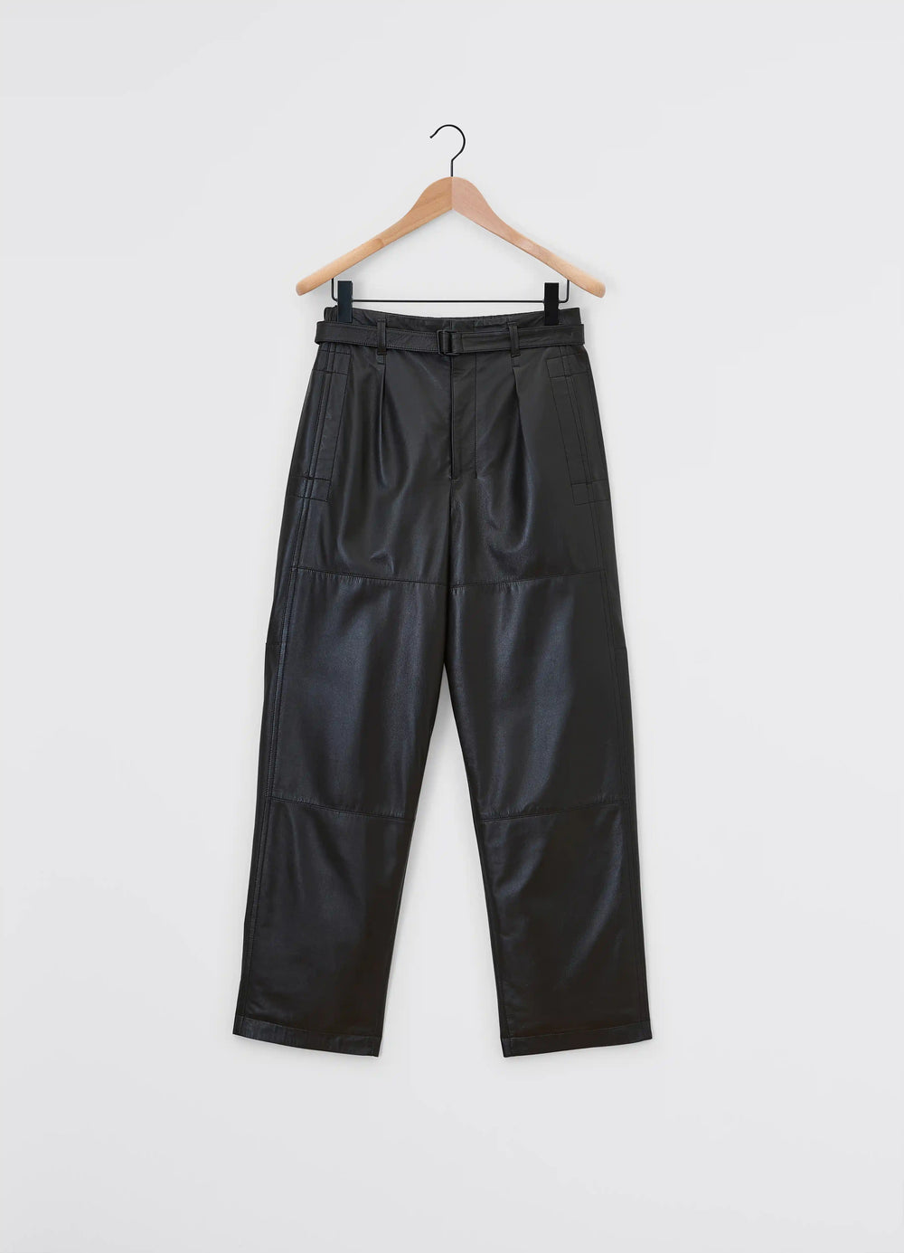 Lemaire Drawstring Parachute Pants in Black Ultra-fine Lamb Leather, product shot, hanger shot pleated front