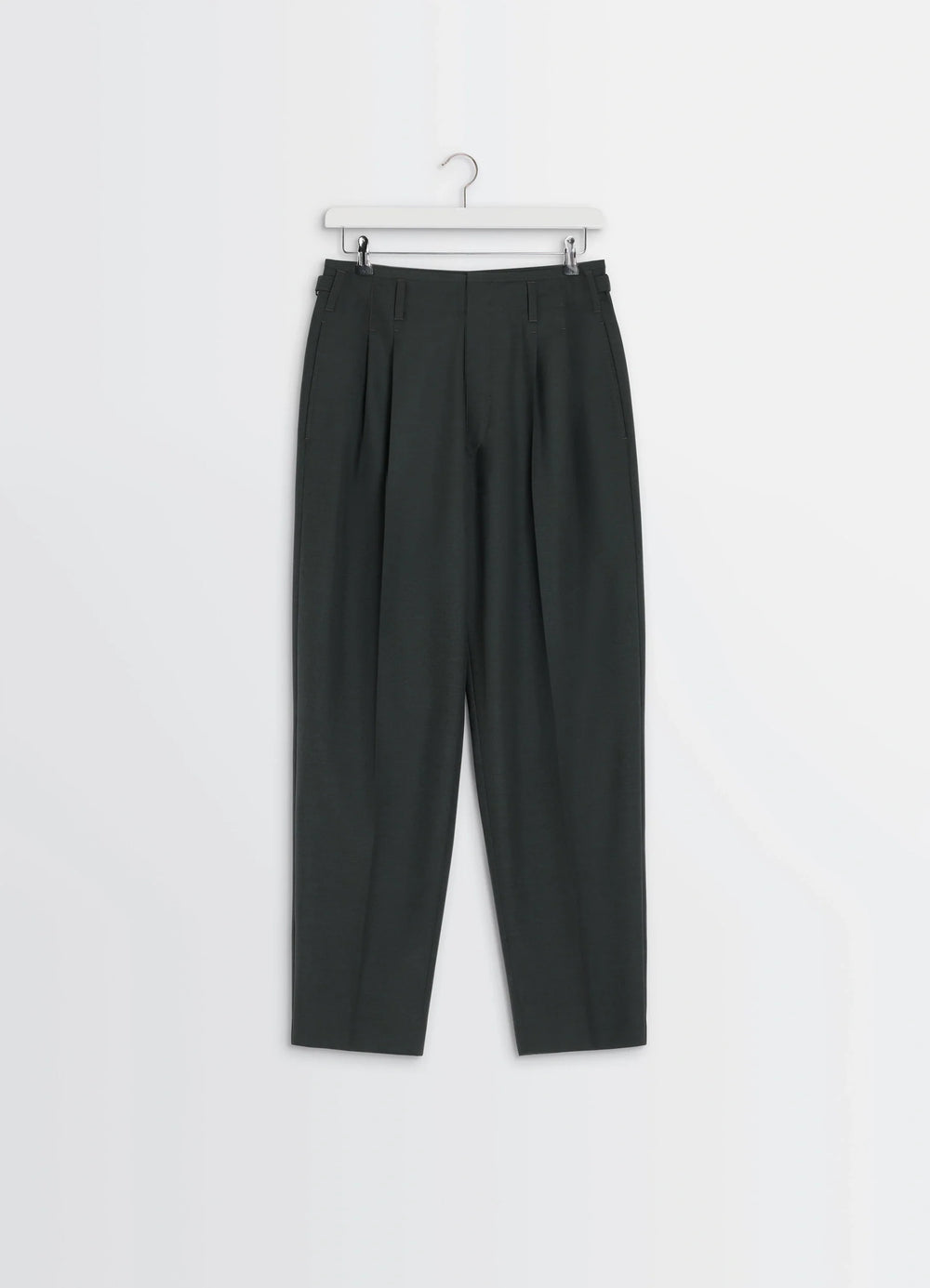 Lemaire Pleated Pants in Tropical Wool-Blend, product shot, top-down view pleated detailed hanging