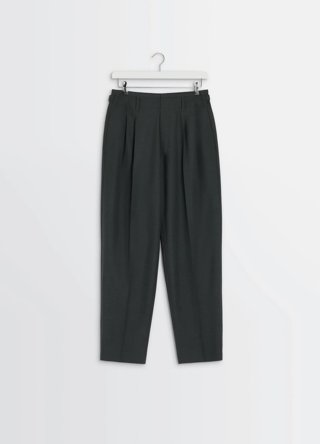 Lemaire Pleated Pants in Tropical Wool-Blend, product shot, top-down view pleated detailed hanging