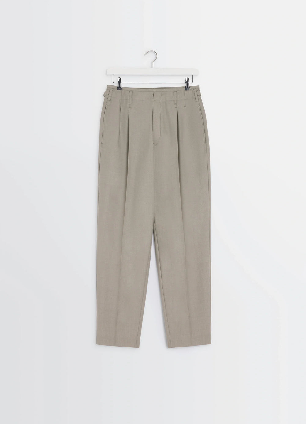 Lemaire Pleated Pants in Tropical wool-blend suiting, product shot, hanging front view belt loops, tapered leg