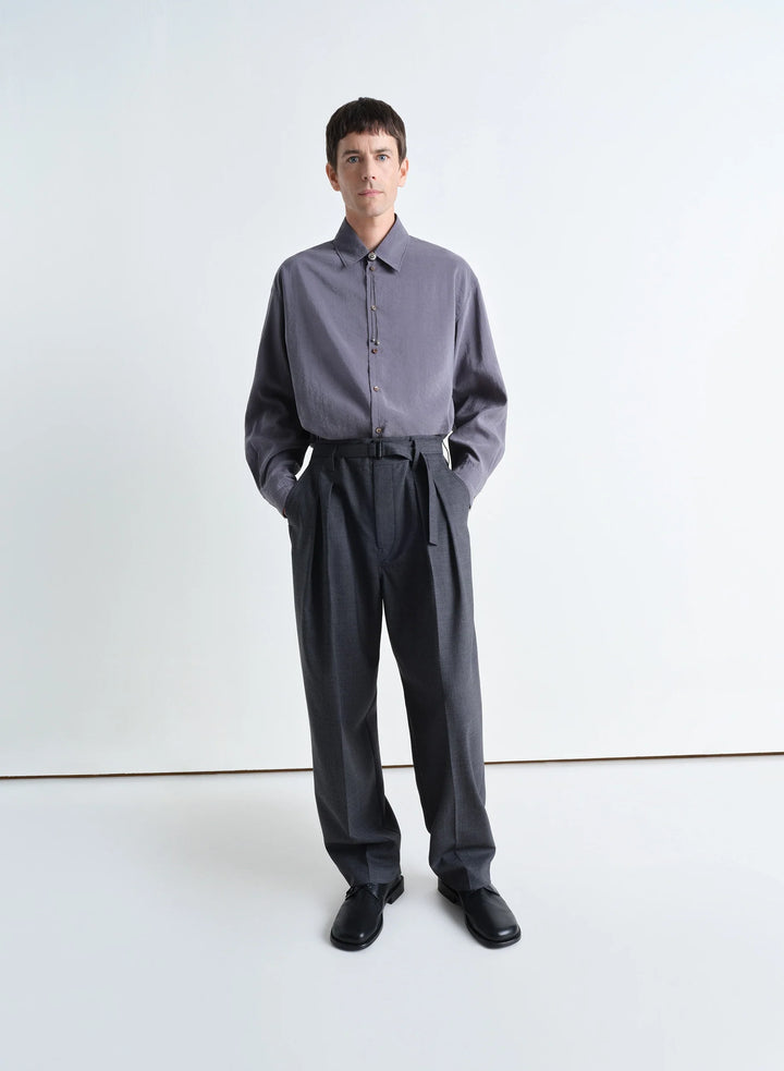 BELTED PLEATED PANTS - Grey Melange - Light Tropical Wool - Men