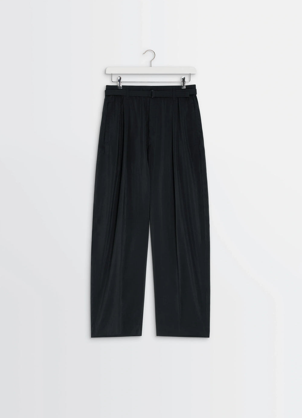 Lemaire Belted Relaxed Pants in Black Dry Silk Blend, product shot, hanger shot loose pleats