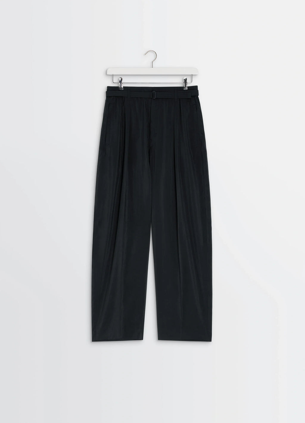 Lemaire Belted Relaxed Pants in Black Dry Silk Blend, product shot, hanger shot loose pleats