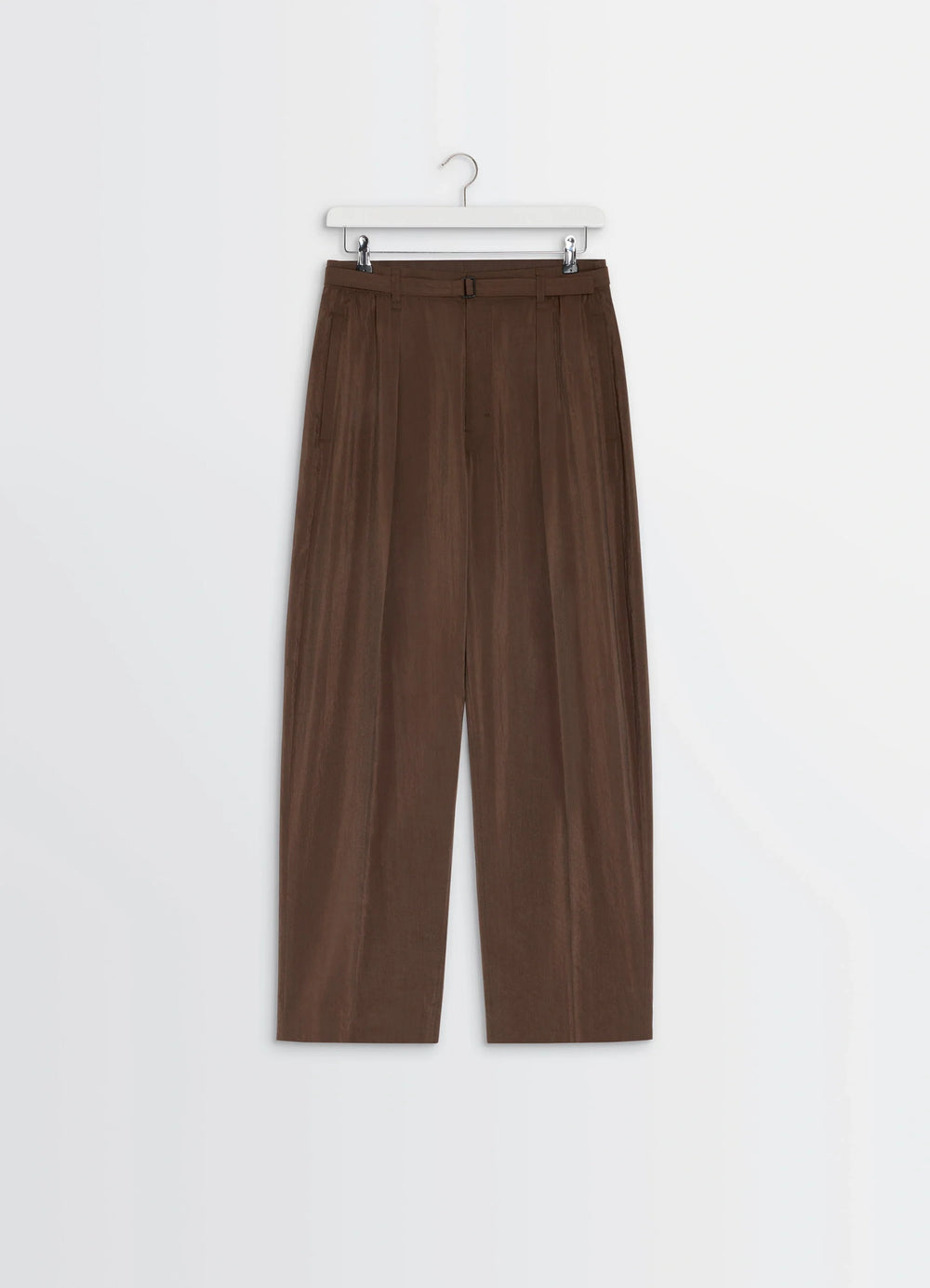 Lemaire Belted Relaxed Pants in Brown Dry Silk Blend, product shot, hanger front view pleated wide leg