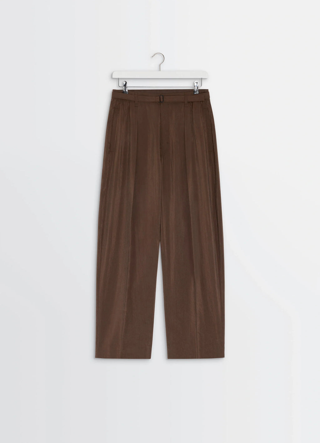 Lemaire Belted Relaxed Pants in Brown Dry Silk Blend, product shot, hanger front view pleated wide leg