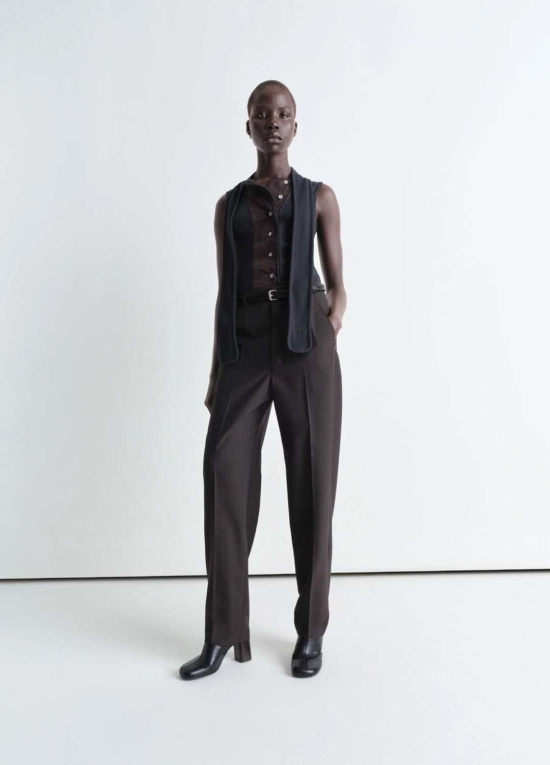 Lemaire Belted Tailored Pants in Mottled Tropical Poly-Wool, model shot, Front view Straight cut tapered leg