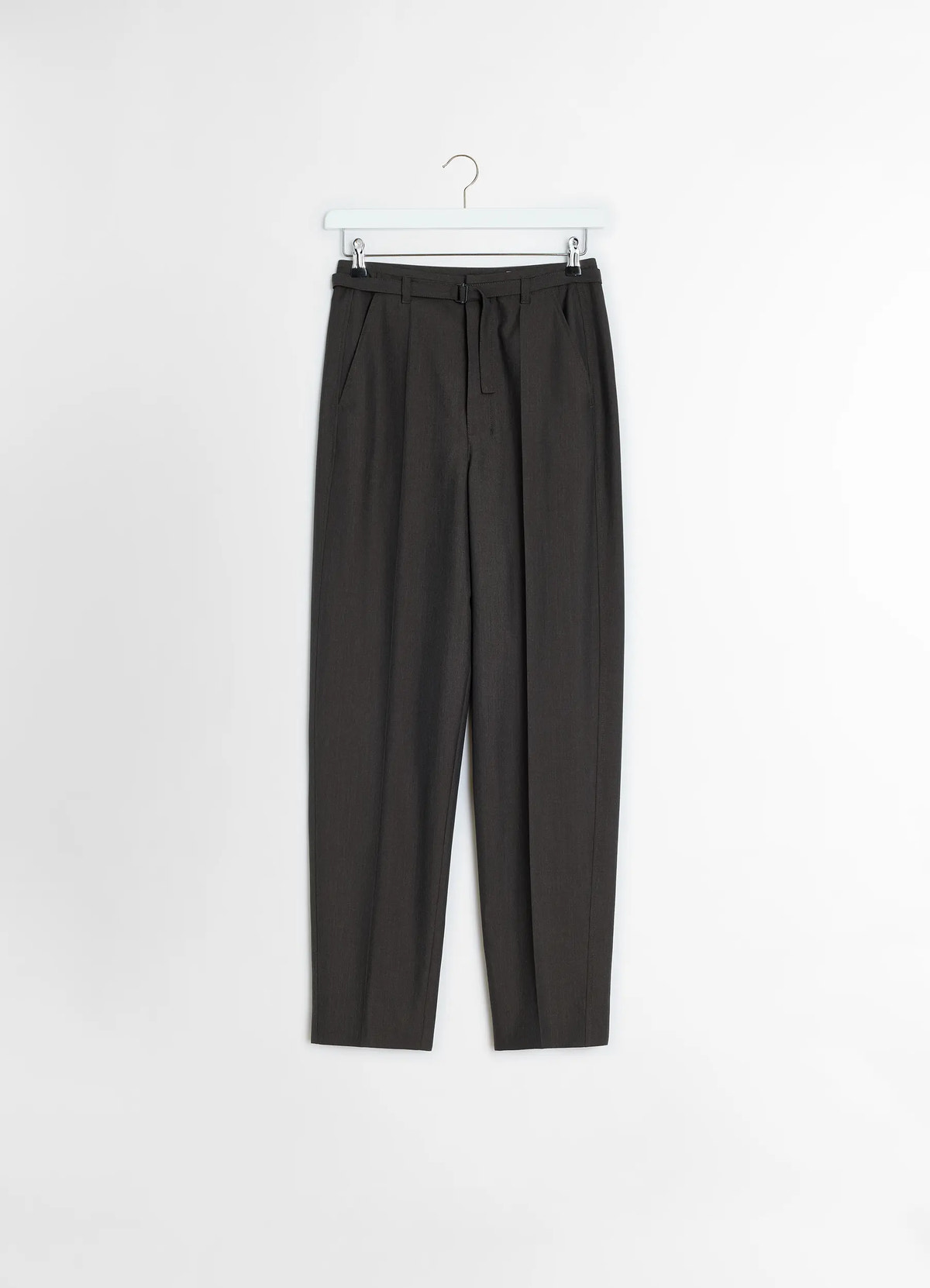Lemaire belted tailored pants in mottled tropical poly-wool, product shot, hanging view pleated wide leg