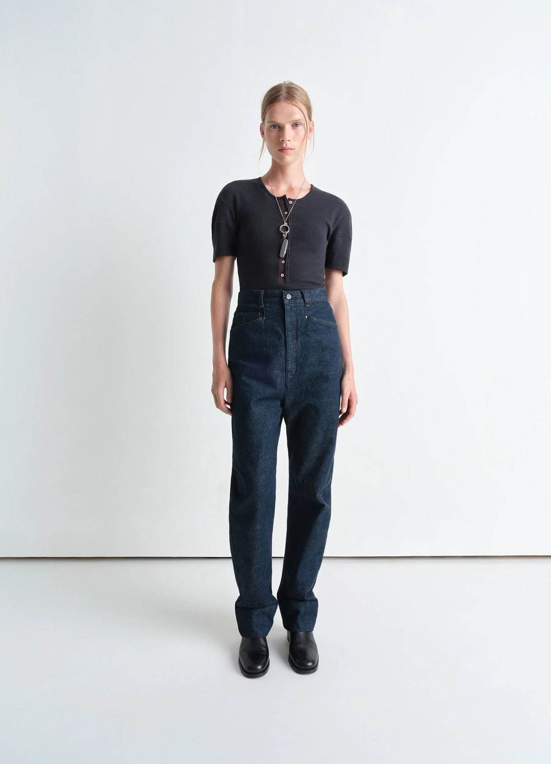 Lemaire Dropped Crotch Pants in Heavy Indigo Denim, model shot, front view tapered leg high-waisted