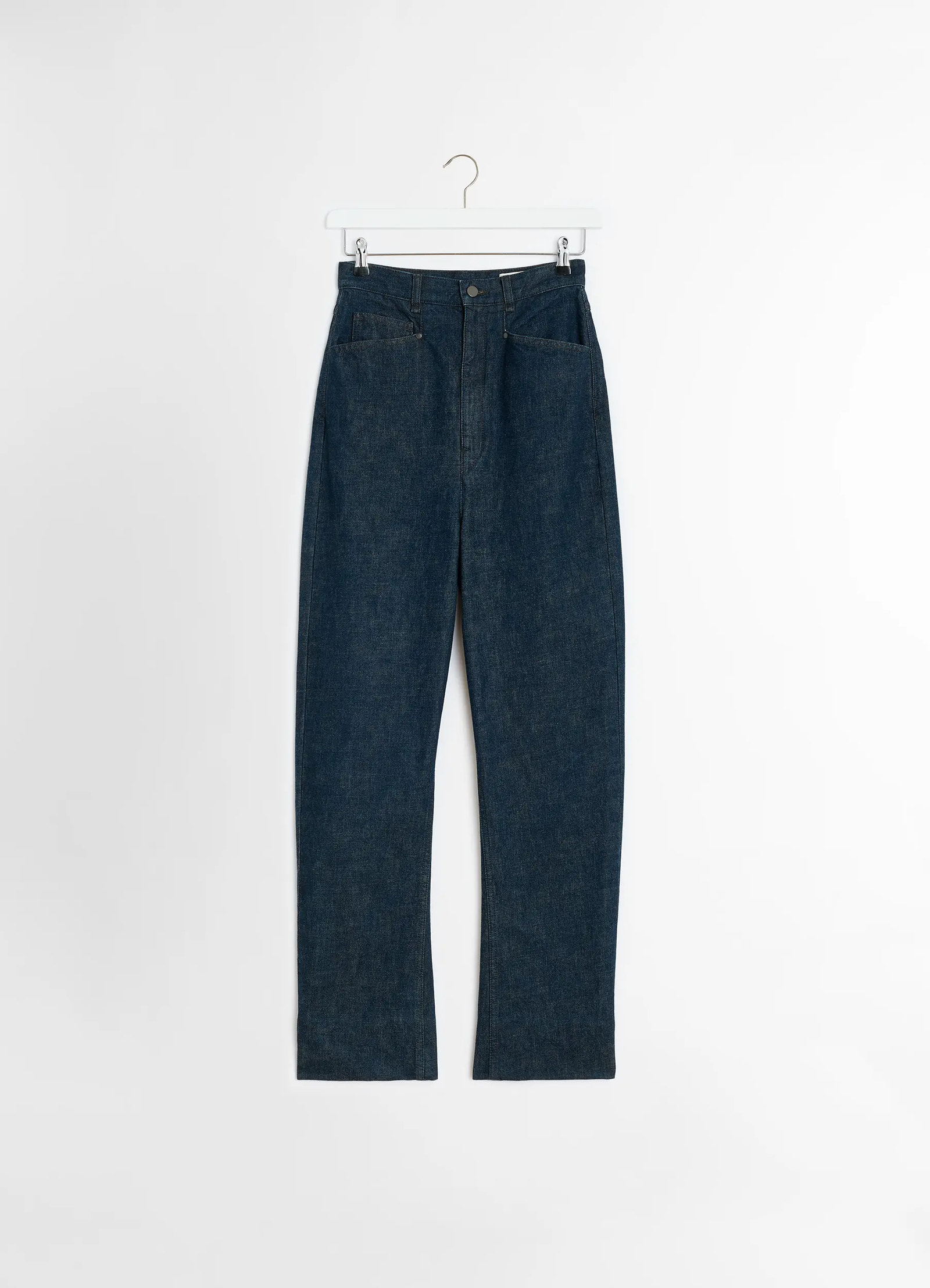 Lemaire dropped crotch pants in heavy indigo denim, product shot, hanging shot straight leg view 4
