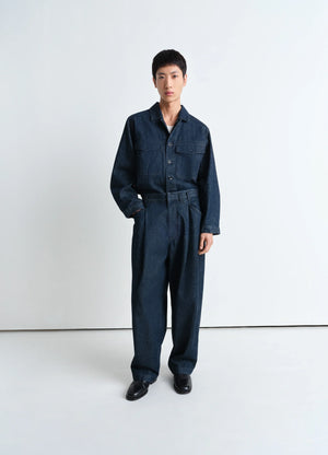 Lemaire Pleated Workwear Pants in Deep Indigo Heavy Denim, model shot, Front view Relaxed tapered leg