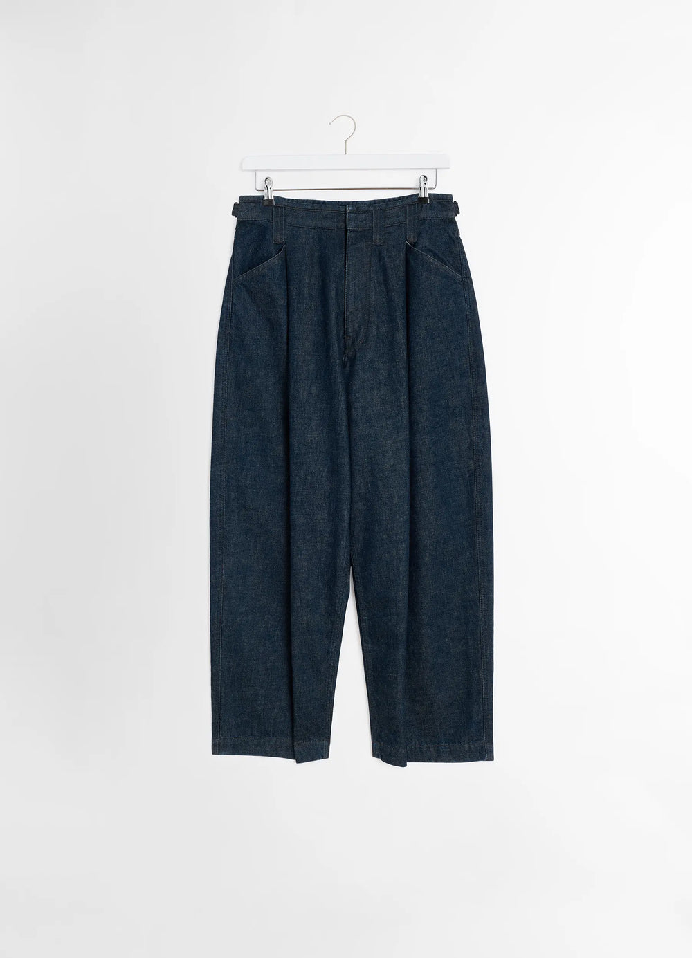 Lemaire Pleated Workwear Pants in Deep Indigo Heavy Denim, product shot, hanging packshot sharp pleats, high waist