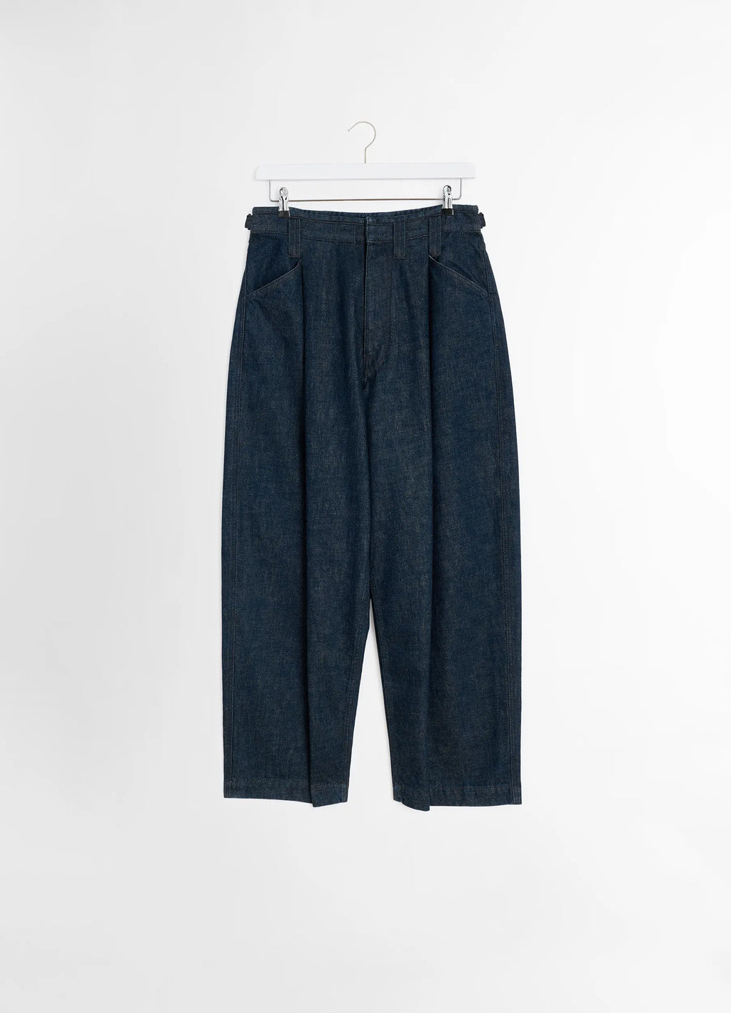 Lemaire Pleated Workwear Pants in Deep Indigo Heavy Denim, product shot, hanging packshot sharp pleats, high waist