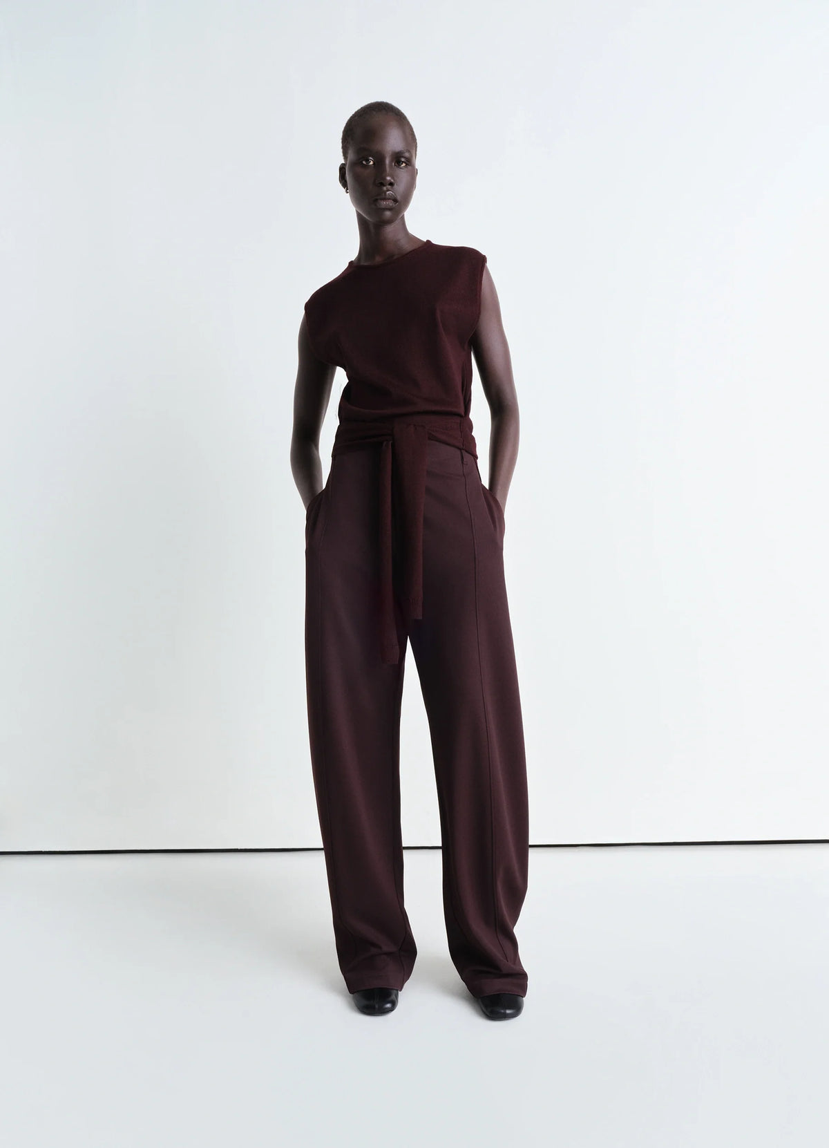 Relaxed Volume Pants in Burgundy Viscose Silk, model shot, front view wide leg mid-waist