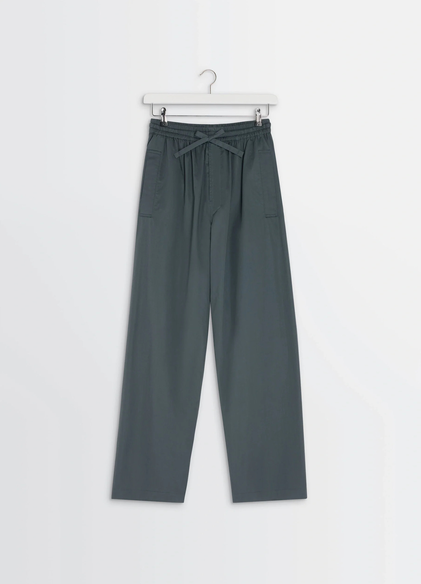 Lemaire pyjama pants in garment dyed satin, product shot, hanging front view drawstring waist detail