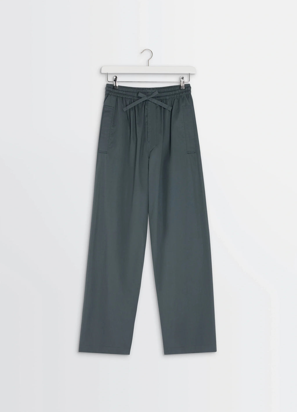 Lemaire Pyjama Pants in Garment Dyed Satin, product shot, hanging front view drawstring waist detail