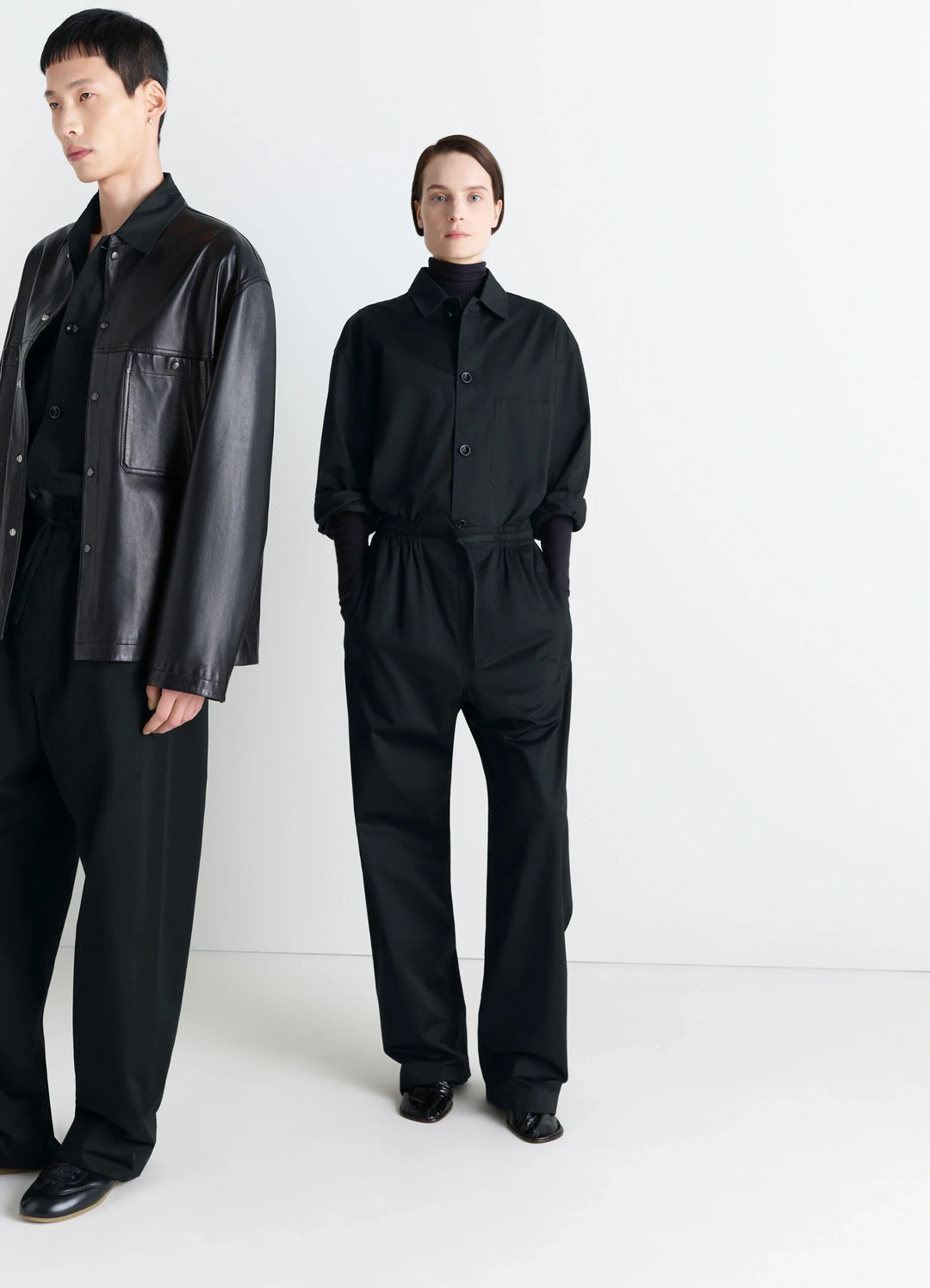 Lemaire Pyjama Pants in Black Cotton Satin, model shot, front view wide leg