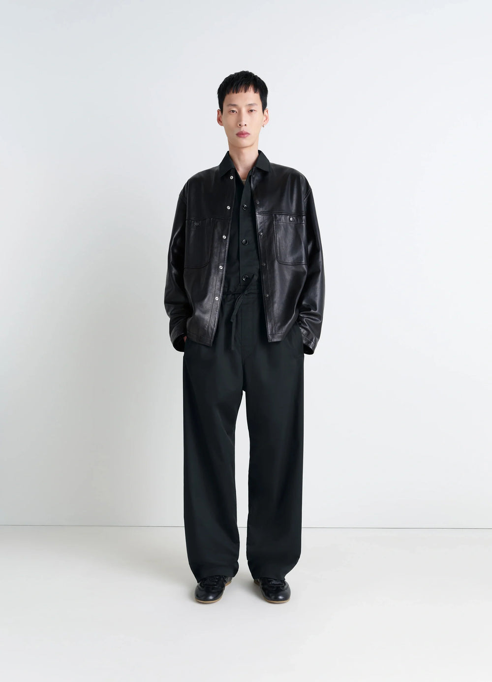 Lemaire Pyjama Pants in Black Cotton Satin, model shot, full body front loose fit
