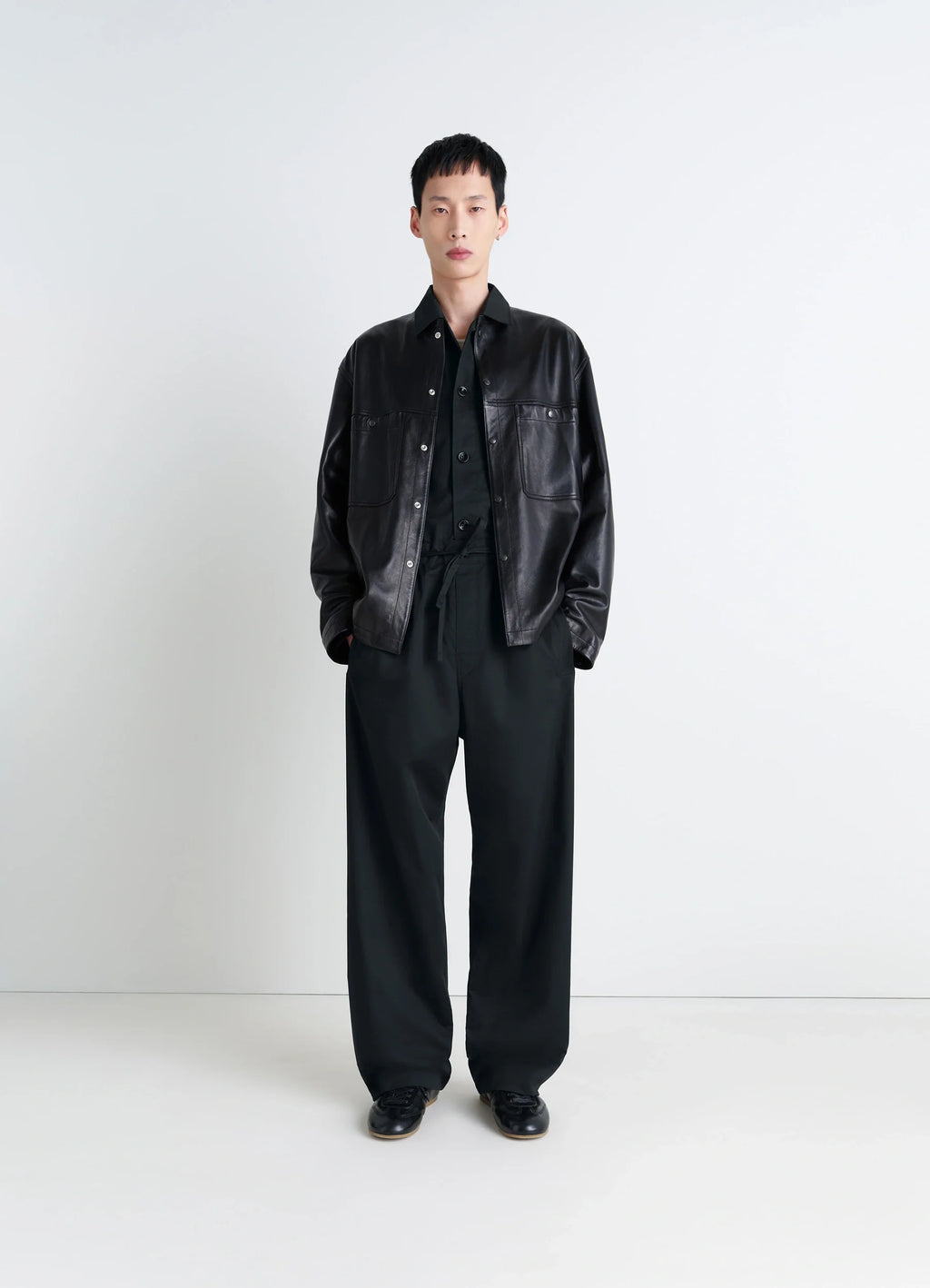 Lemaire Pyjama Pants in Black Cotton Satin, model shot, full body front loose fit